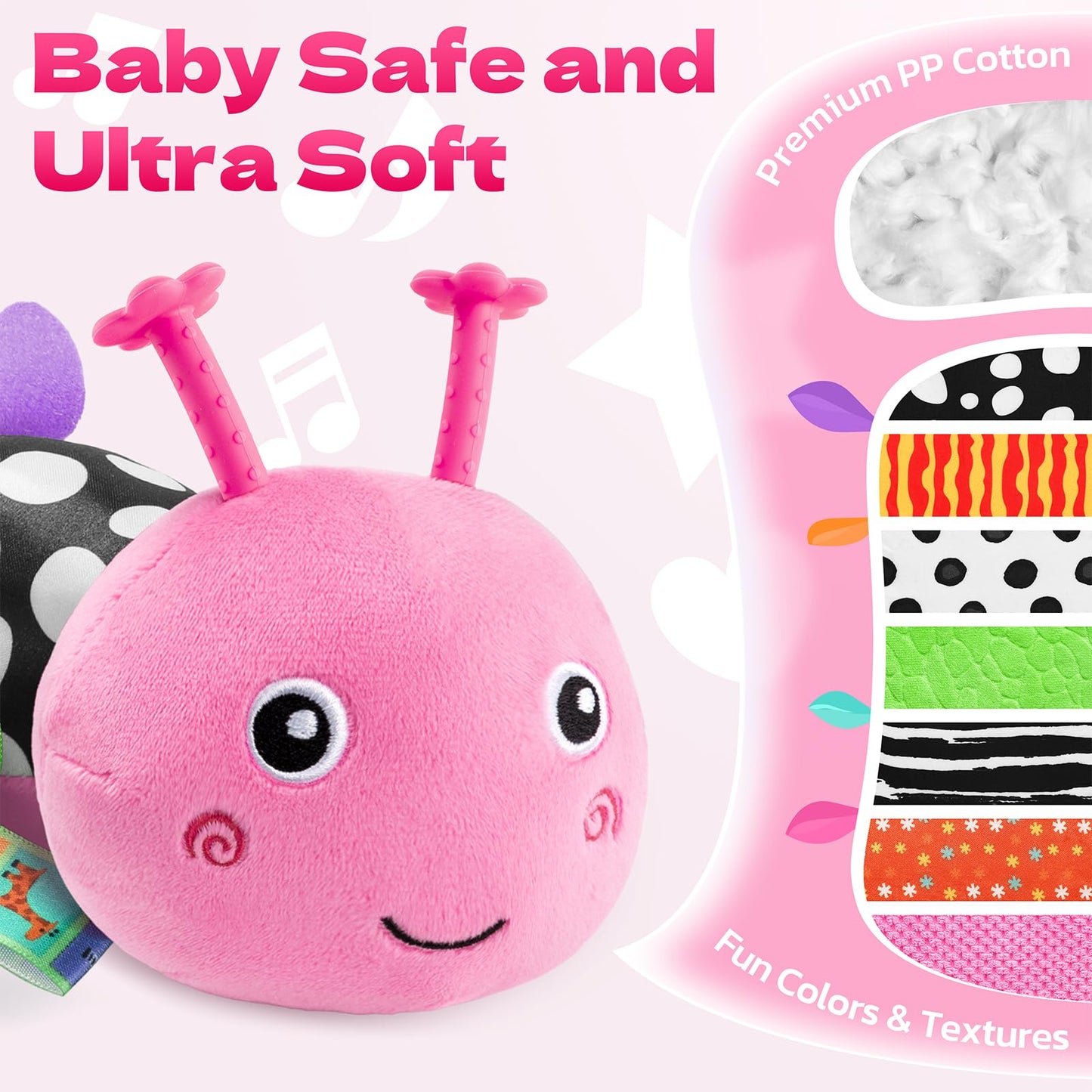 HEMRLY Baby Sensory Toy Caterpillar 0-6 Months – Musical Plush Teether, Mirror & Crinkle, Winged Pink