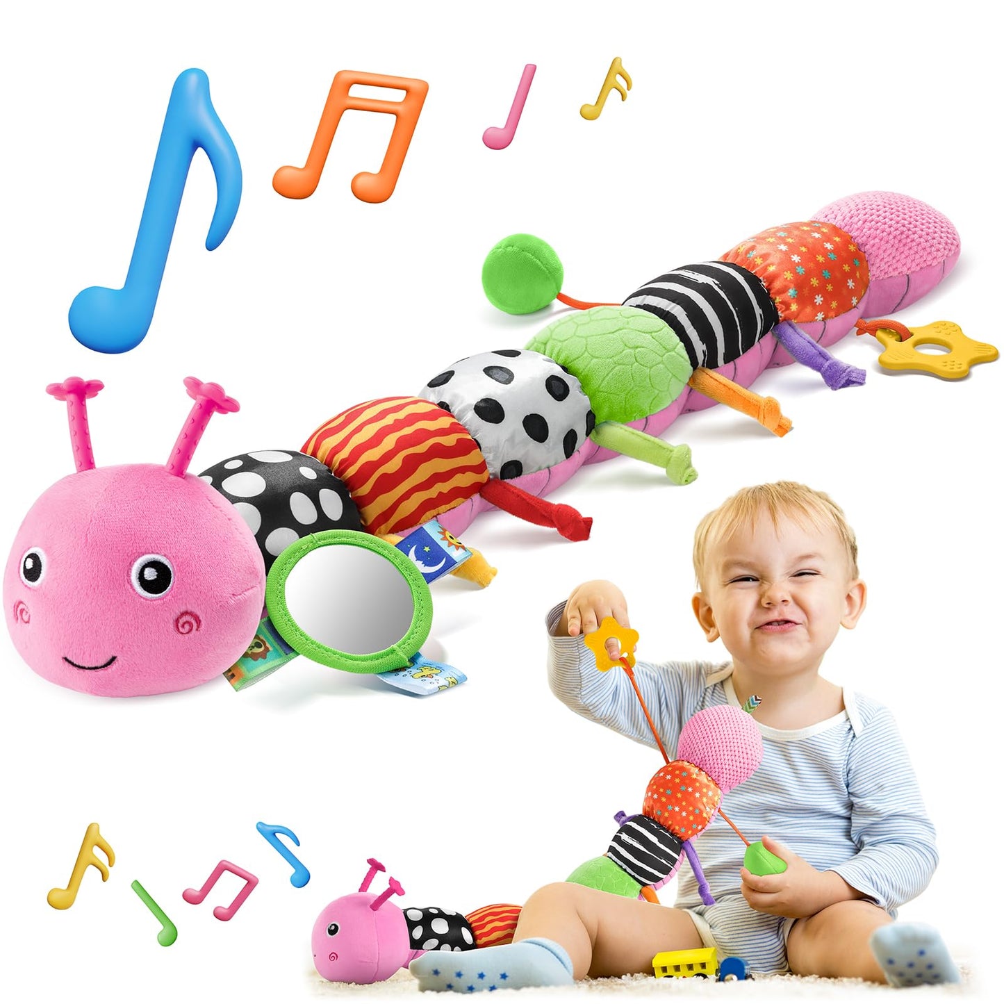 HEMRLY Baby Sensory Caterpillar Toy 0-12 Months – Musical Plush Teether, Mirror, Crinkle & Rattle (Knotted Pink)
