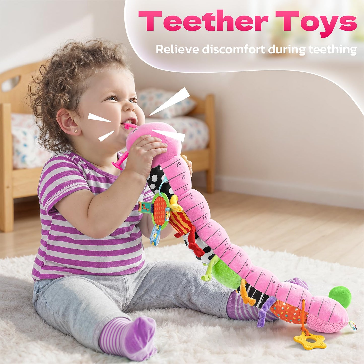 HEMRLY Baby Sensory Caterpillar Toy 0-12 Months – Musical Plush Teether, Mirror, Crinkle & Rattle (Knotted Pink)