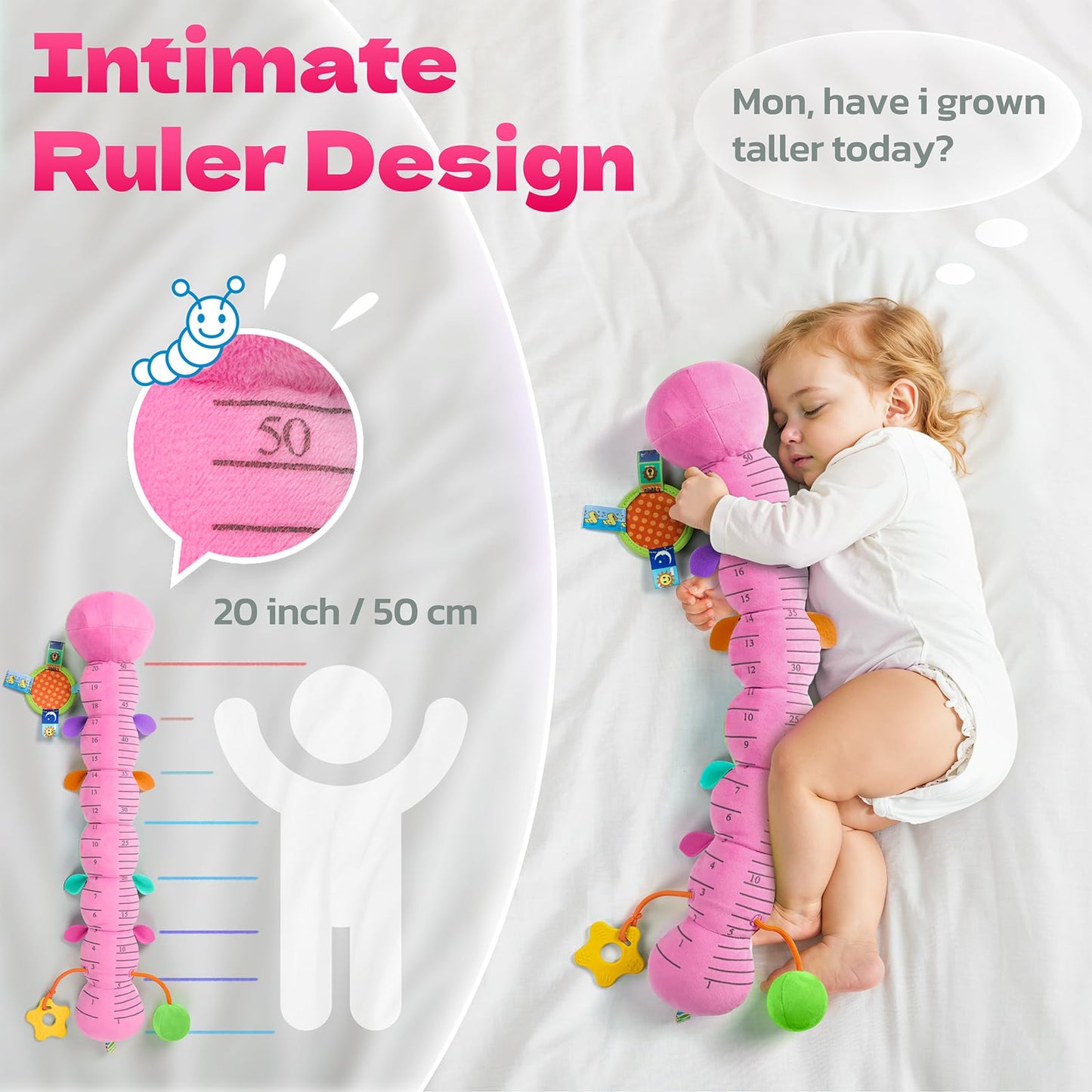 HEMRLY Baby Sensory Toy Caterpillar 0-6 Months – Musical Plush Teether, Mirror & Crinkle, Winged Pink