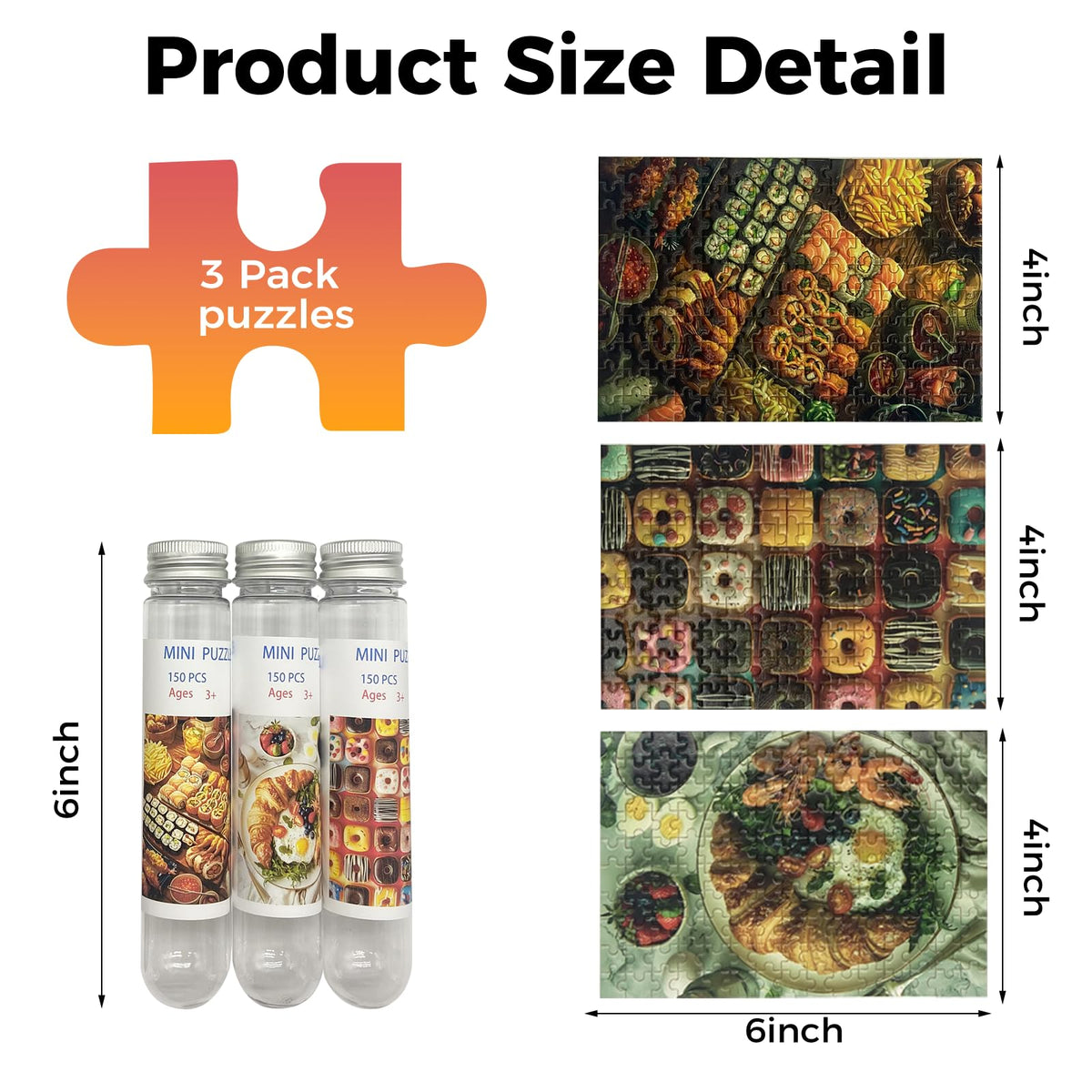 HENGCHI 150-Piece Mini Jigsaw Puzzles – 3-Pack Food Series, 6x4 Inches