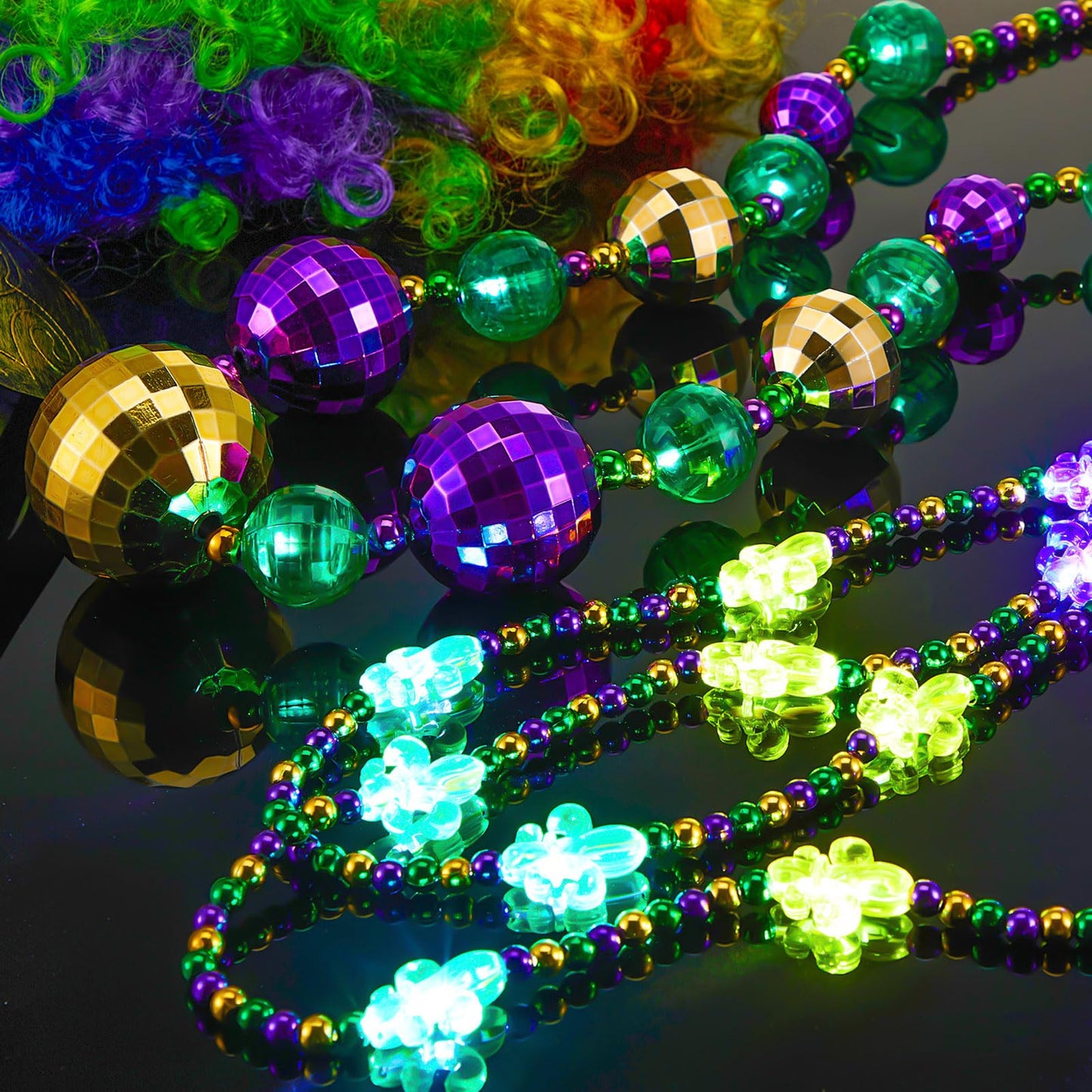 Henoyso 2-Set 50-Inch Jumbo Mardi Gras Bead Necklaces – Lighted and Unlighted