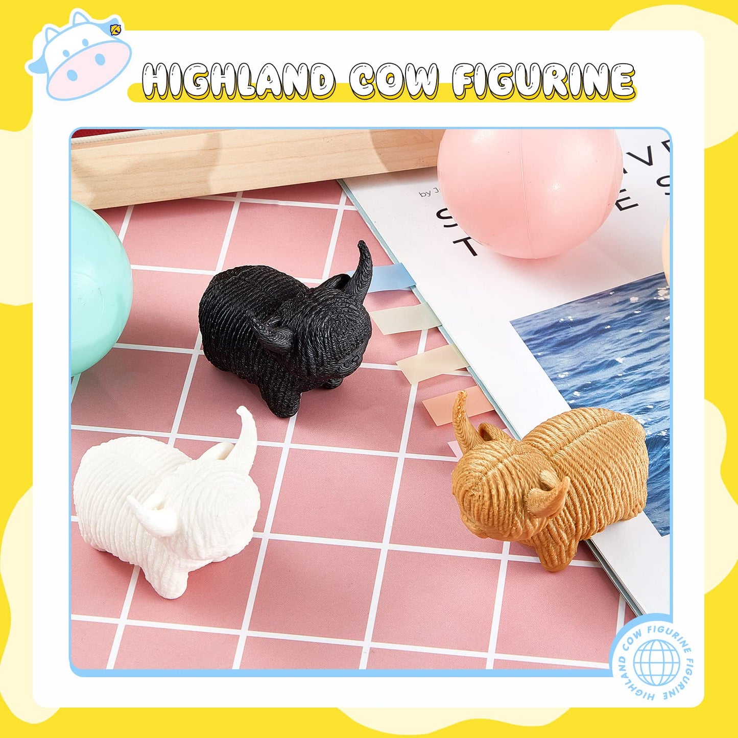 Henoyso 3-Pack Mini Highland Cow Figurines – White, Tan & Black | Desk, Shelf & Nursery Decor