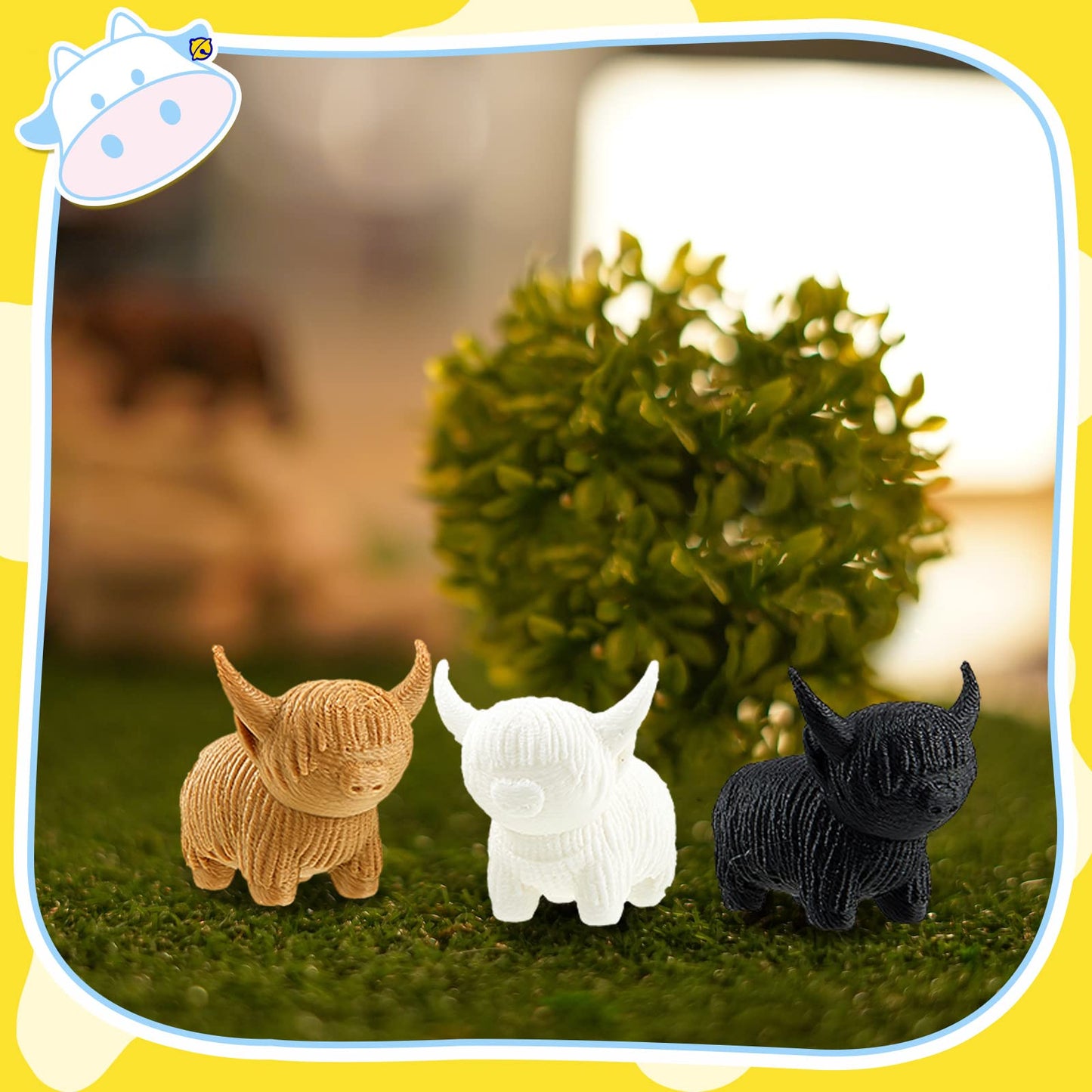 Henoyso 3-Pack Mini Highland Cow Figurines – White, Tan & Black | Desk, Shelf & Nursery Decor