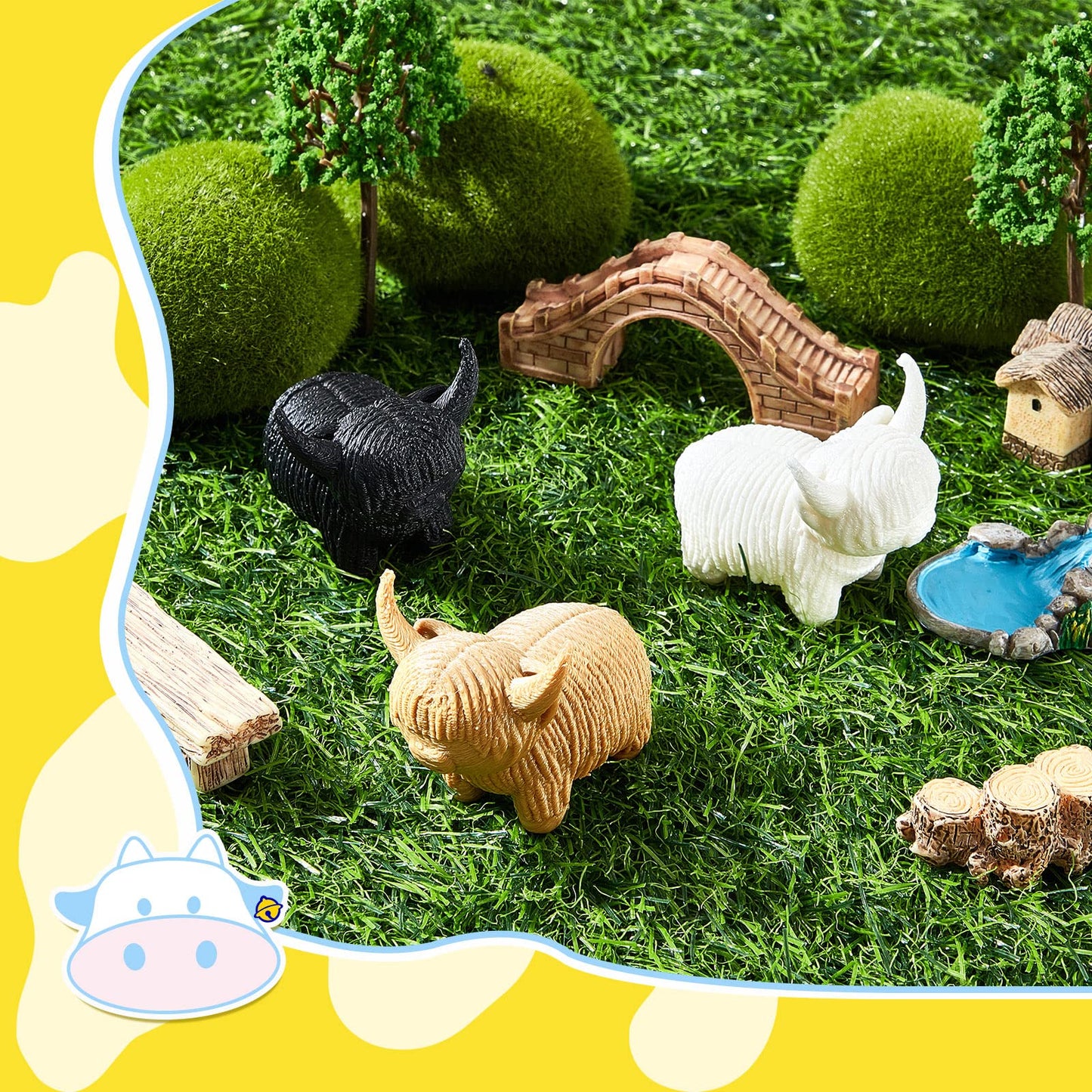 Henoyso 3-Pack Mini Highland Cow Figurines – White, Tan & Black | Desk, Shelf & Nursery Decor