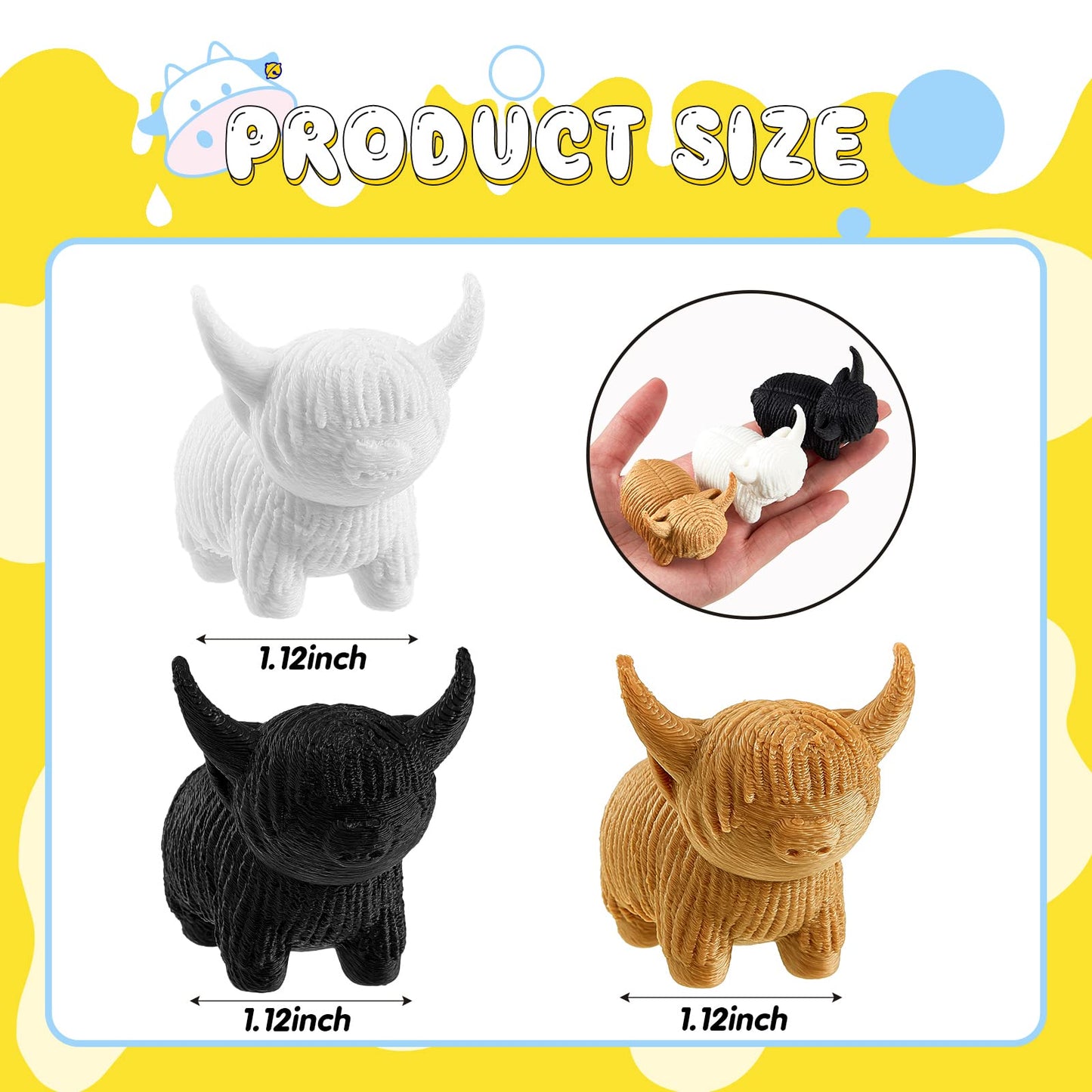 Henoyso 3-Pack Mini Highland Cow Figurines – White, Tan & Black | Desk, Shelf & Nursery Decor
