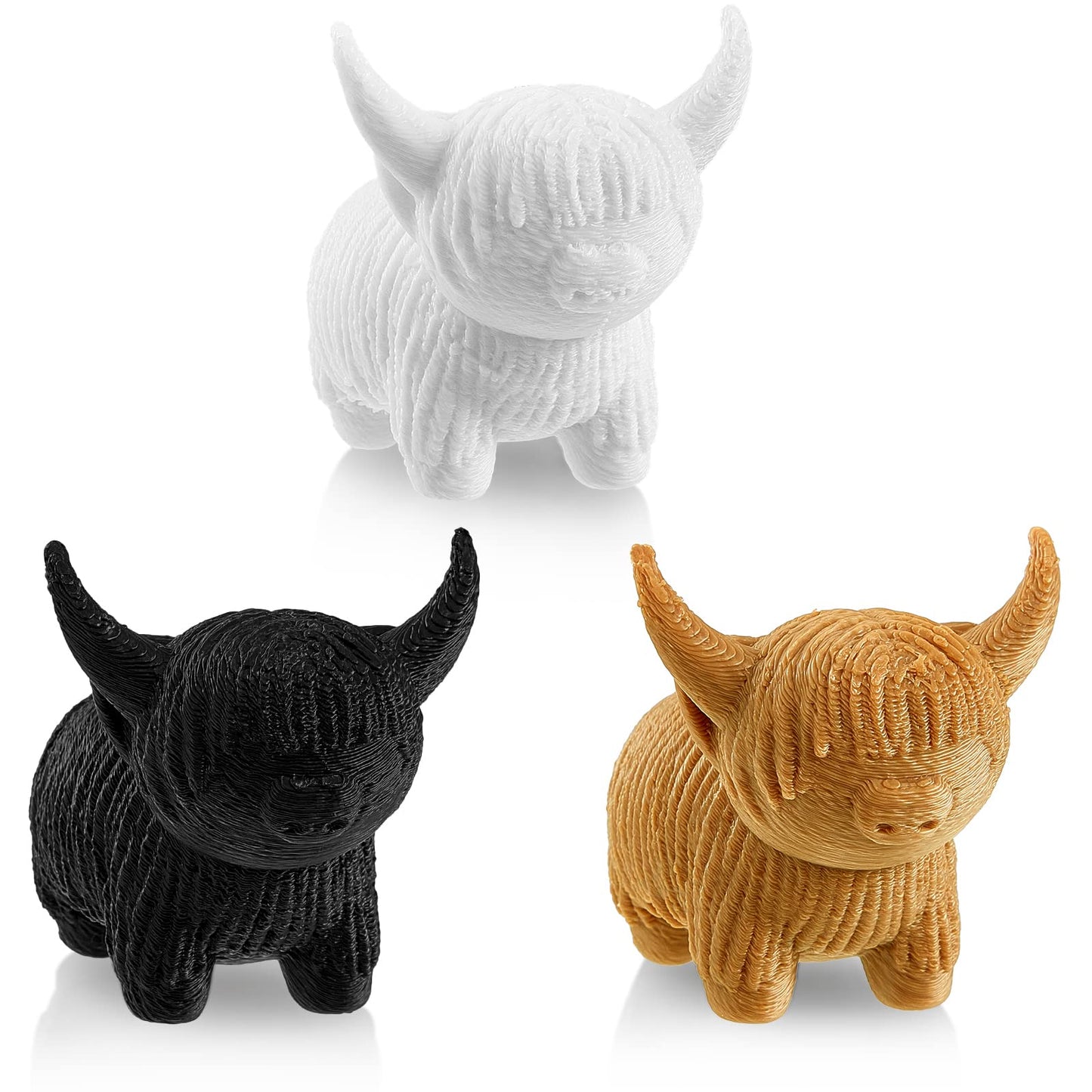 Henoyso 3-Pack Mini Highland Cow Figurines – White, Tan & Black | Desk, Shelf & Nursery Decor