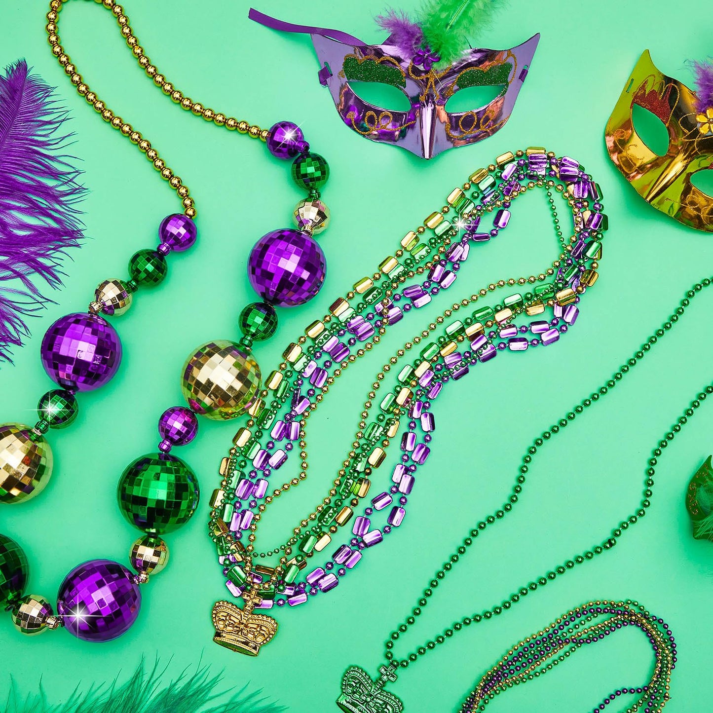 Henoyso 2-Set 50in Jumbo Mardi Gras Beads Necklaces – Lighted & Unlit Assorted Party Jewelry