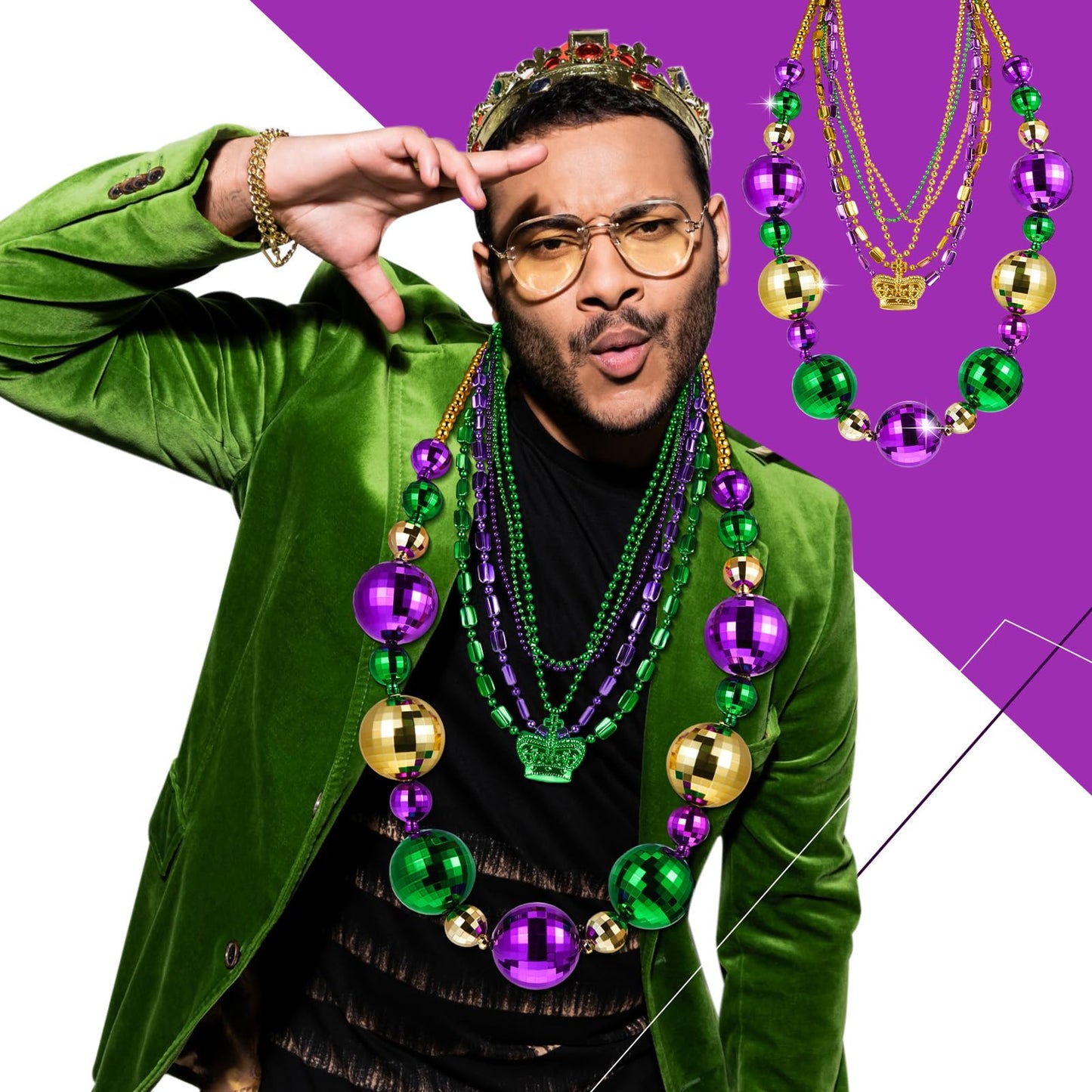 Henoyso 2-Set 50in Jumbo Mardi Gras Beads Necklaces – Lighted & Unlit Assorted Party Jewelry