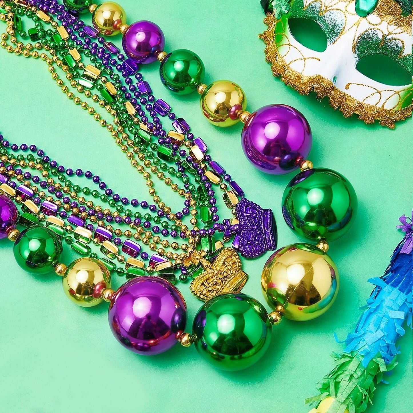 Henoyso 4-Set 50-inch Jumbo Mardi Gras Bead Necklaces – Assorted Party Jewelry for Parades and Celebrations