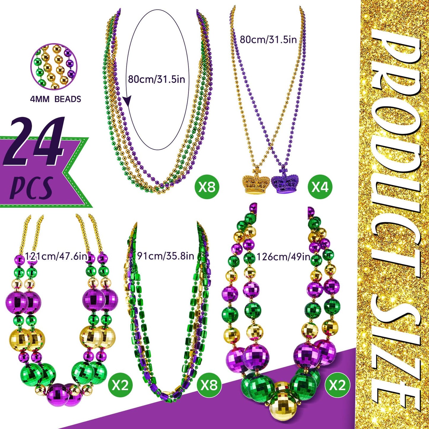 Henoyso 4-Pack 50-inch Jumbo Mardi Gras Bead Necklaces – Lighted & Unlighted Party Jewelry