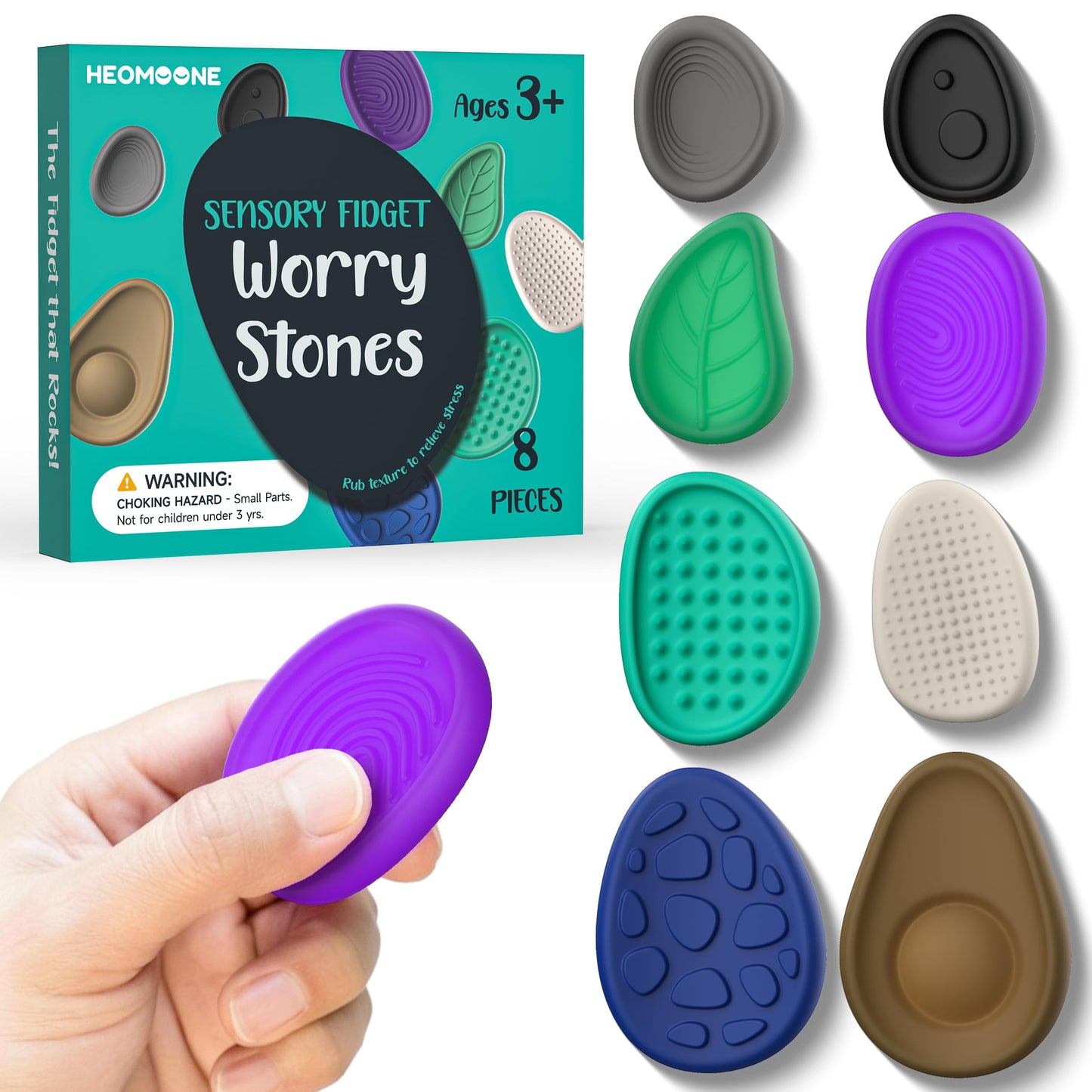 HEOMOONE Fidget Stone 8 Pack – Textured Worry Stones for Focus & Calm