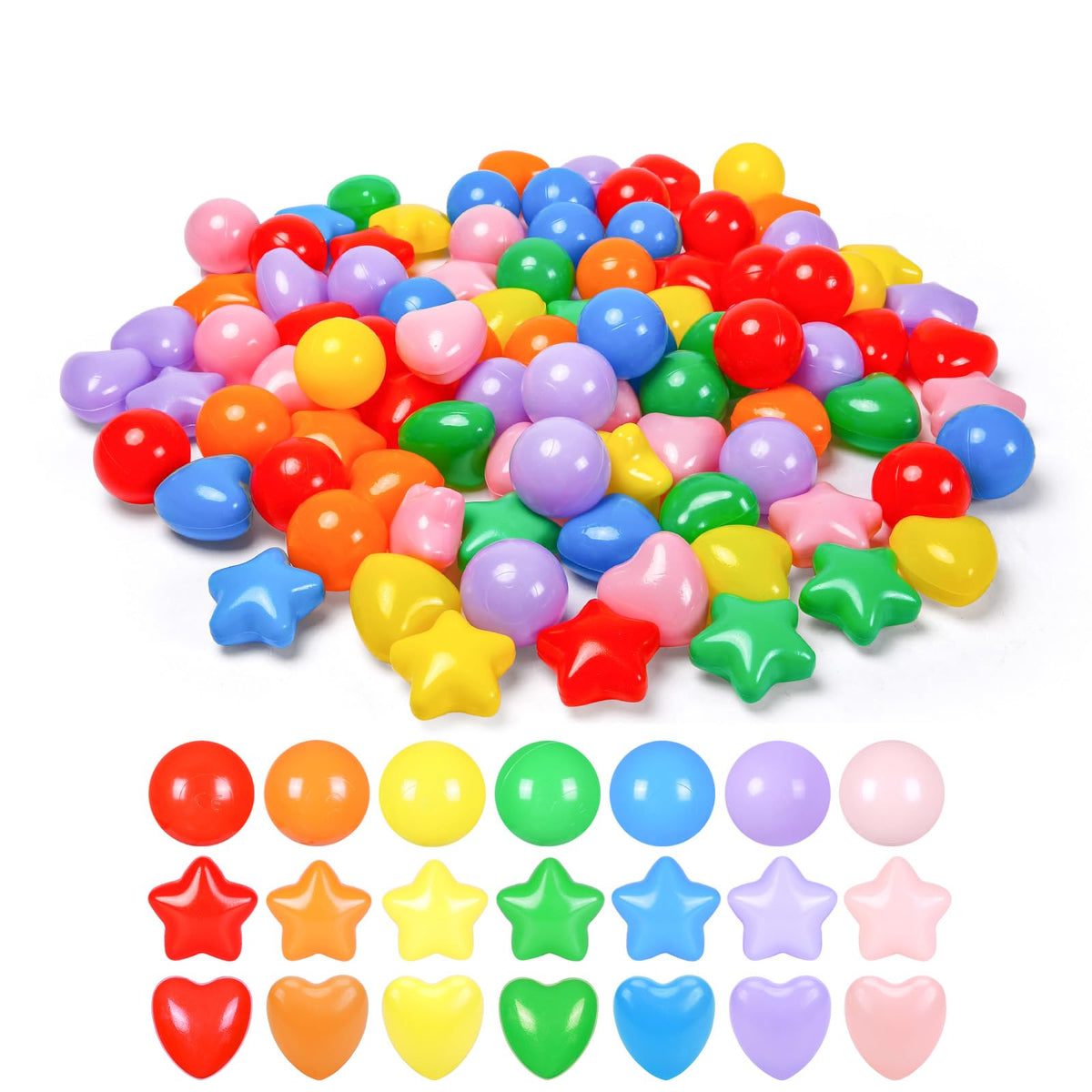 Heopeis 200 Star Ball Pit Balls Hearts — 7 Bright Colors, Phthalate Free & BPA Free, Storage Bag