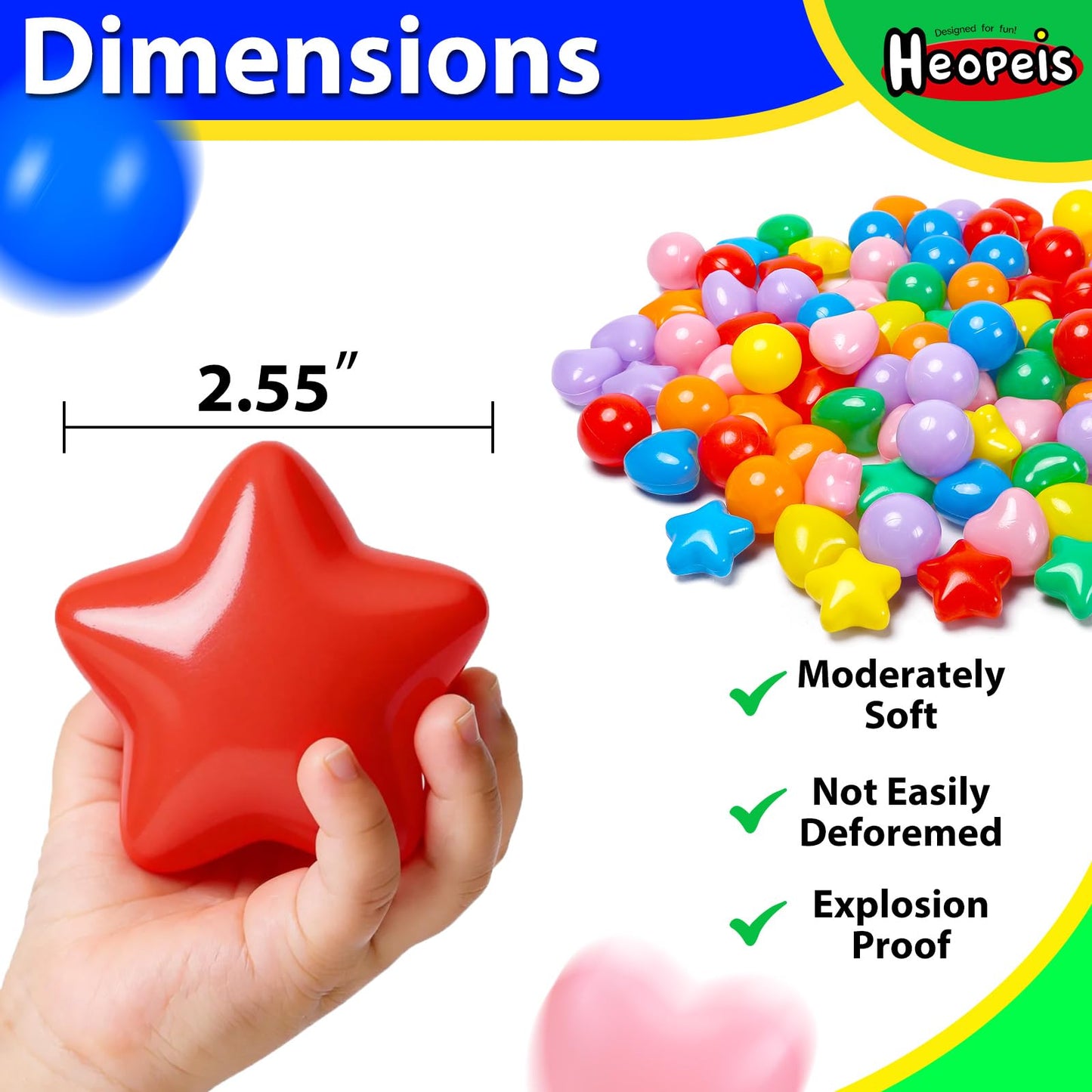 Heopeis 200 Star Ball Pit Balls Hearts — 7 Bright Colors, Phthalate Free & BPA Free, Storage Bag