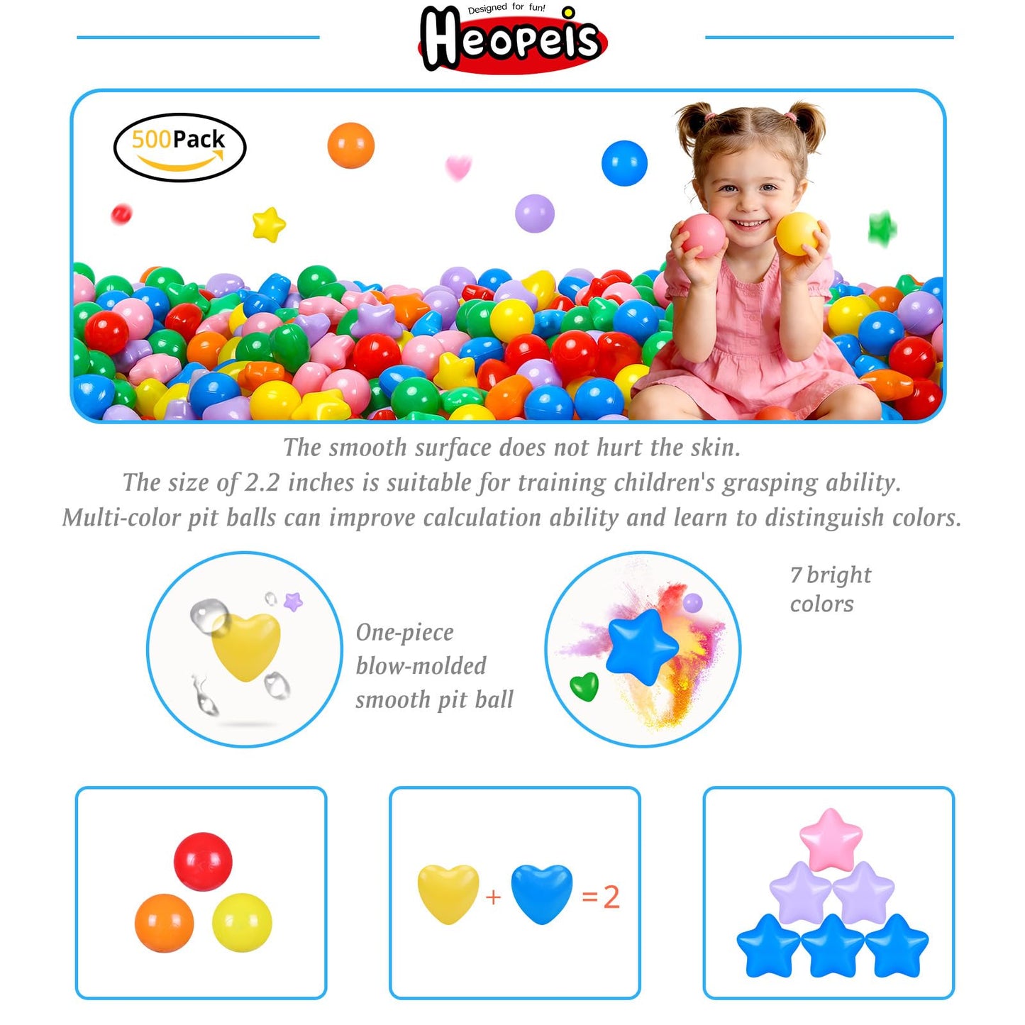 Heopeis 200 Star Ball Pit Balls Hearts — 7 Bright Colors, Phthalate Free & BPA Free, Storage Bag