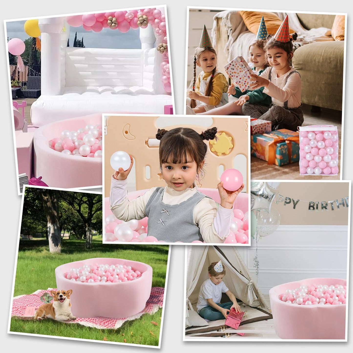 Heopeis Ball Pit Balls 2.2in, 100Pcs – Pink & Pearl White Crush-Proof Plastic Toy Balls