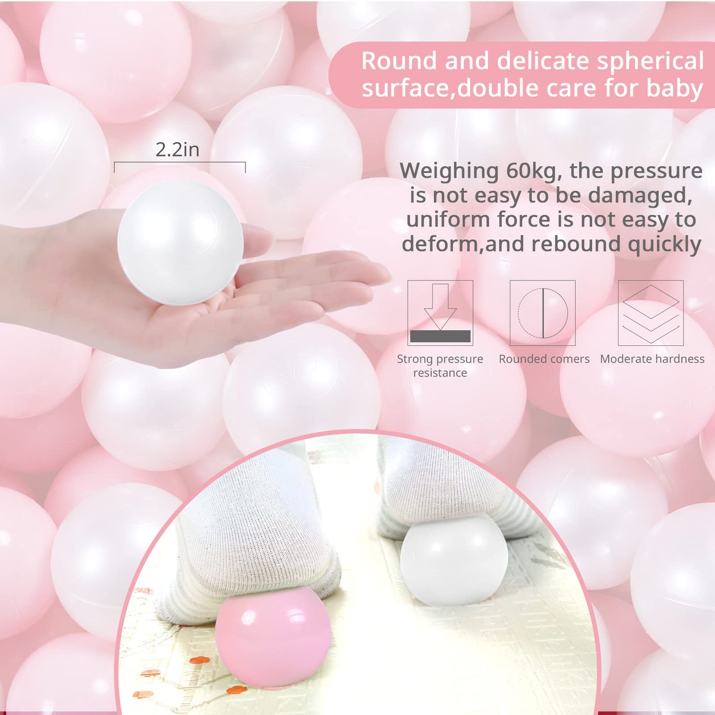 Heopeis Ball Pit Balls 2.2in, 100Pcs – Pink & Pearl White Crush-Proof Plastic Toy Balls