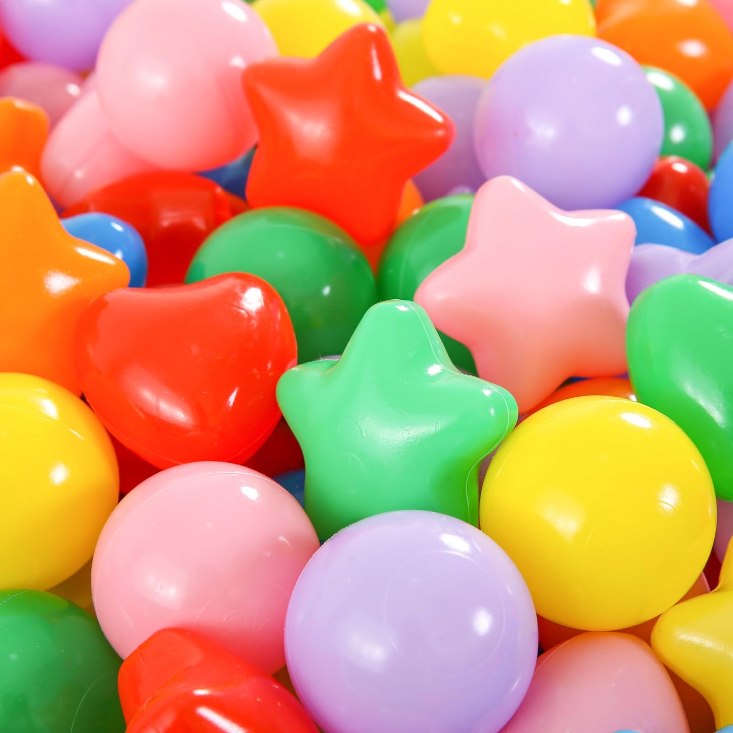 Heopeis 200 Star Ball Pit Balls Hearts — 7 Bright Colors, Phthalate Free & BPA Free, Storage Bag