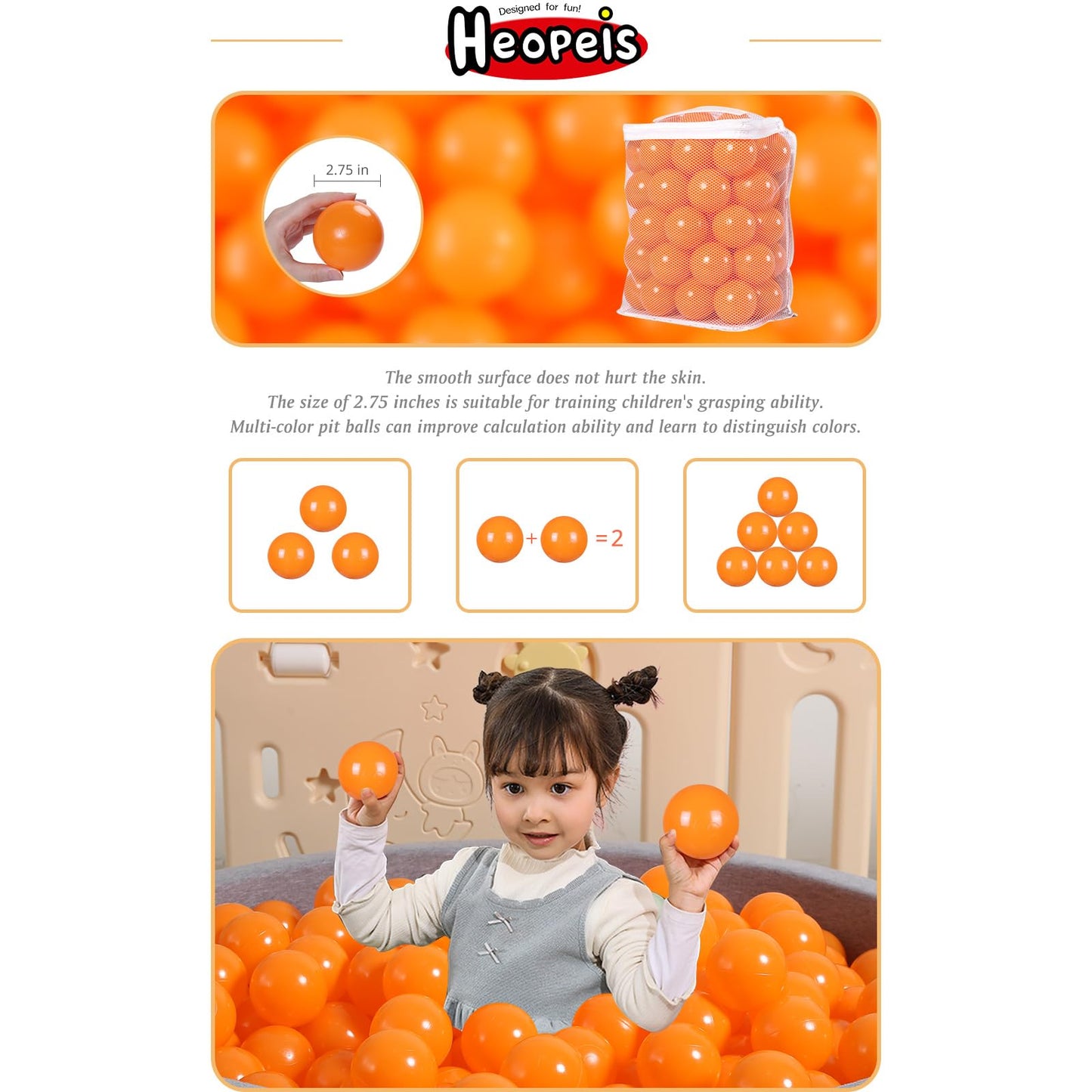 Heopeis Ball Pit Balls – 2.75in Crush-Proof Plastic Balls, BPA & Phthalate Free, Orange, 50 Pcs