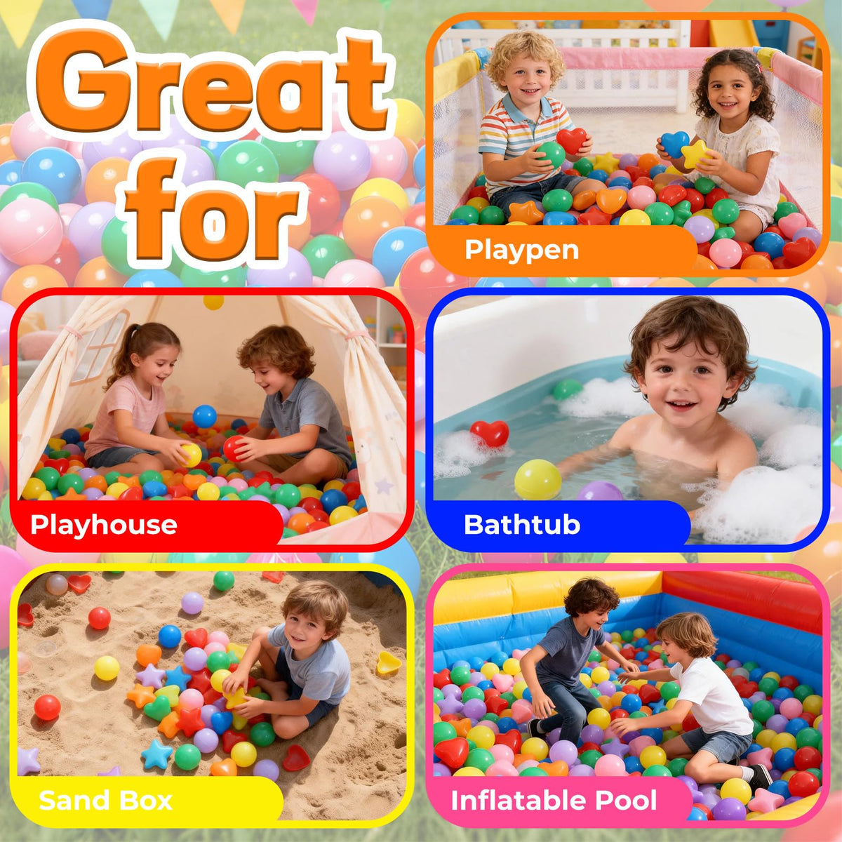 Heopeis 200 Star Ball Pit Balls Hearts — 7 Bright Colors, Phthalate Free & BPA Free, Storage Bag
