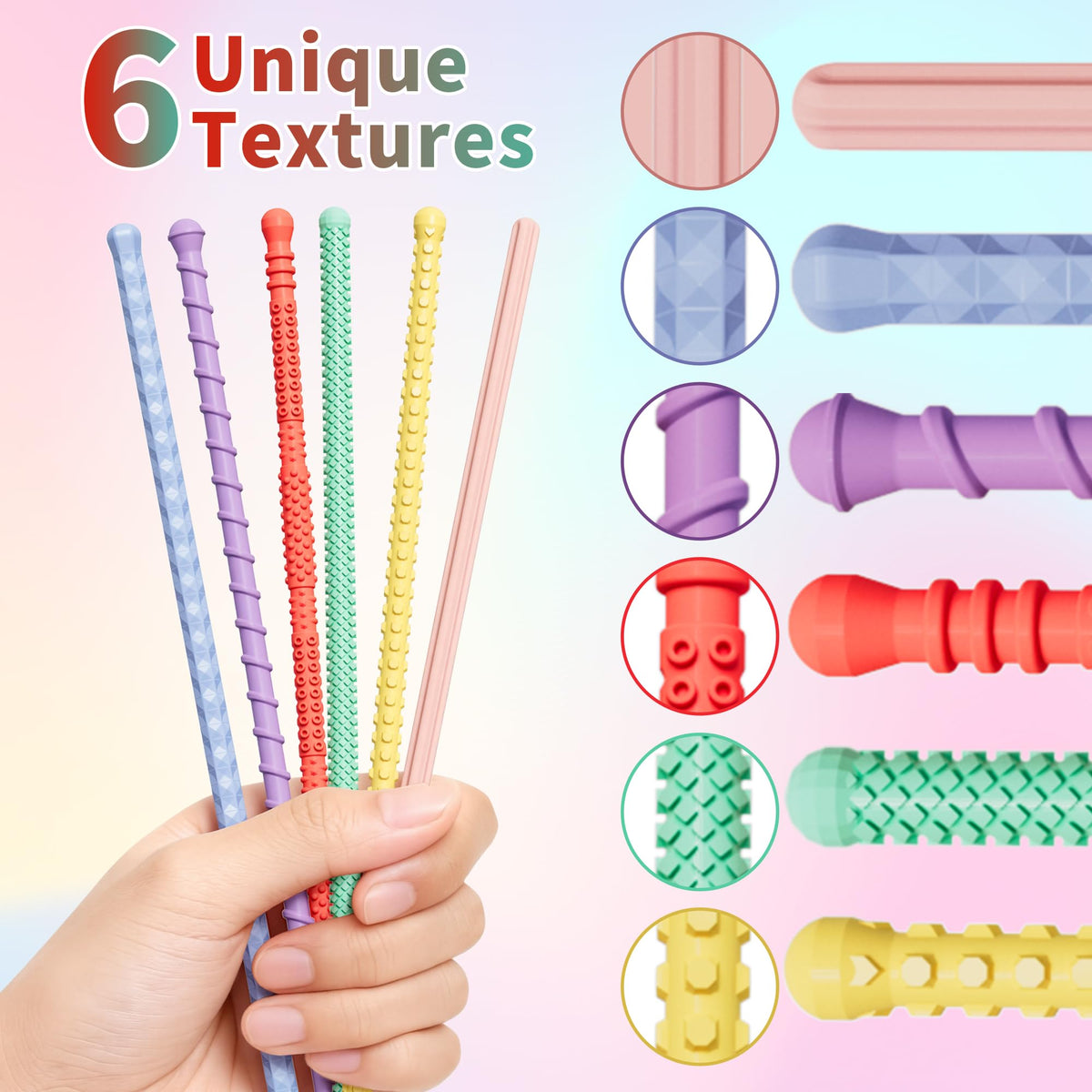 Hepotk Sensory Fidget Sticks – 6-Pack Silicone Tactile Toys for Focus