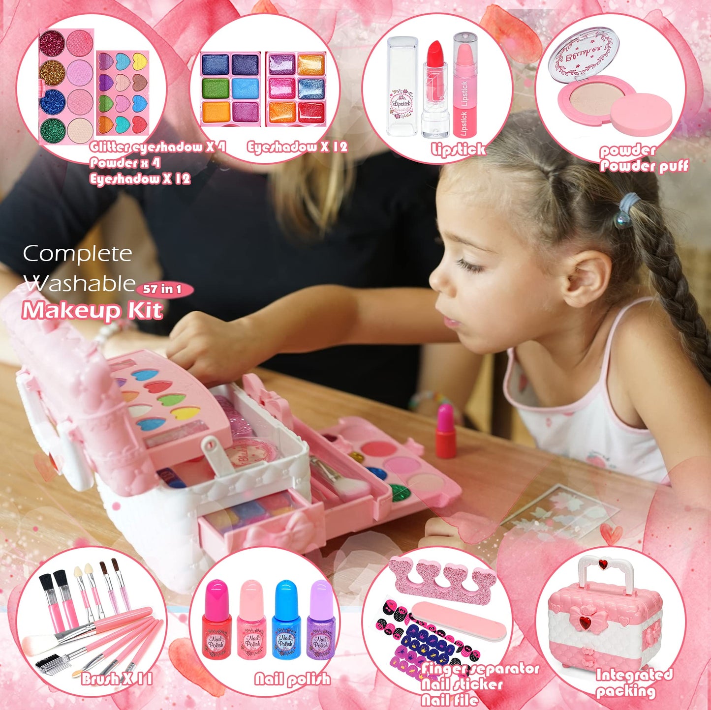 HERAPFANN Kids Makeup Sets for Girls – 57-Piece Play Makeup Kit