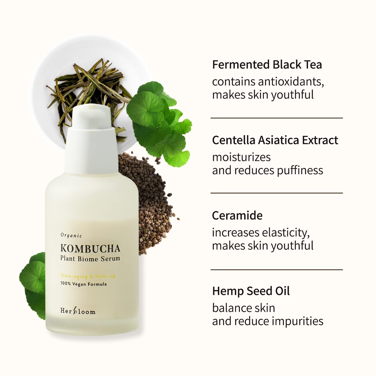 Herbloom Organic Kombucha Biome Serum – Deep Hydration, Ceramide & Hyaluronic Acid, 1.69 fl oz (Vegan)