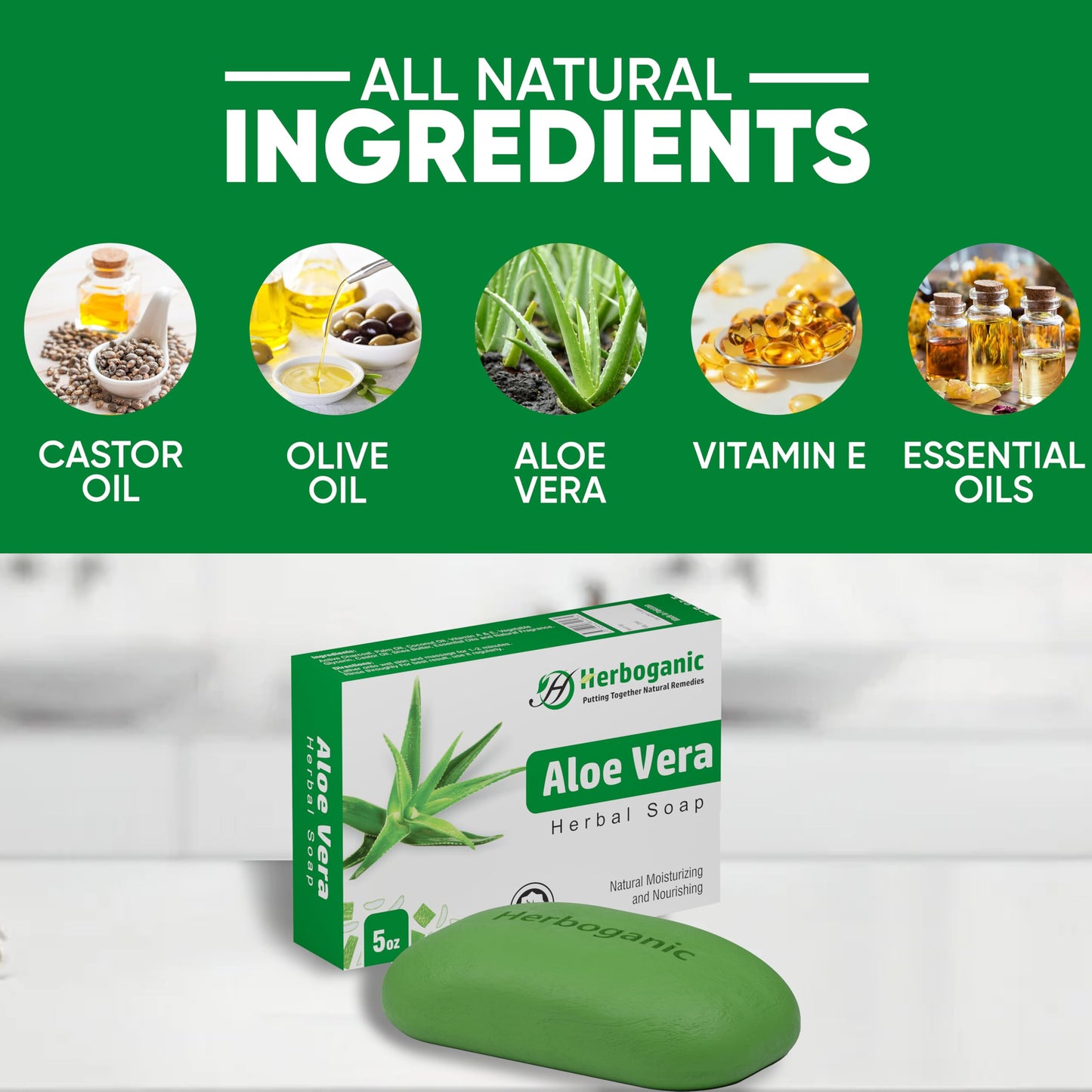HERBOGANIC Aloe Vera Herbal Soap - Pack of 6 x 5oz Bars for All Skin Types