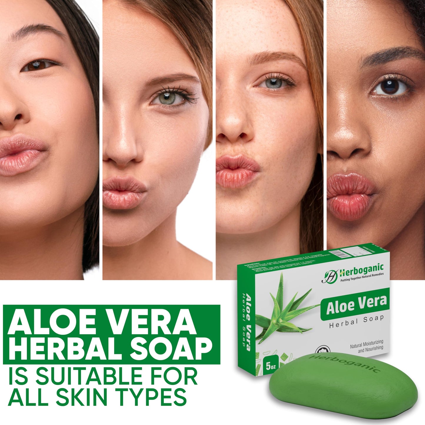 HERBOGANIC Aloe Vera Herbal Soap - Pack of 6 x 5oz Bars for All Skin Types