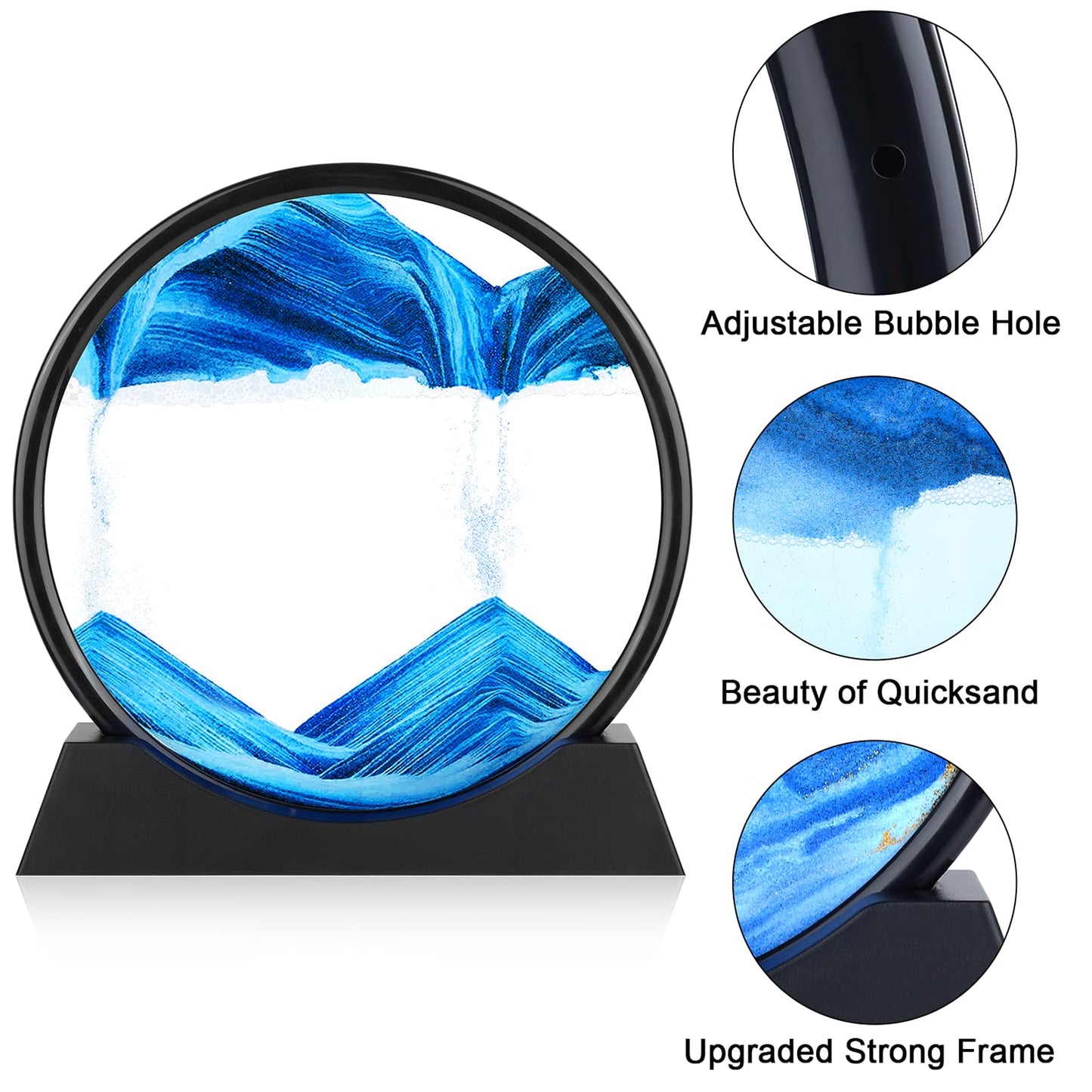 Herecanli Moving Sand Art Picture – 3D Quicksand Blue Round Glass 7in | Calming Desk Decor