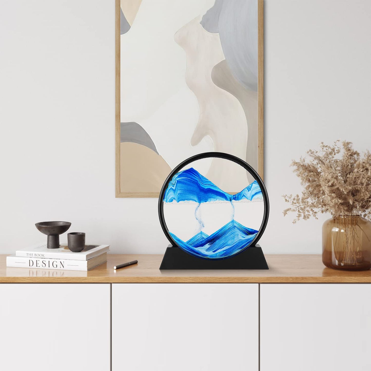 Herecanli Moving Sand Art Picture – 3D Quicksand Blue Round Glass 7in | Calming Desk Decor