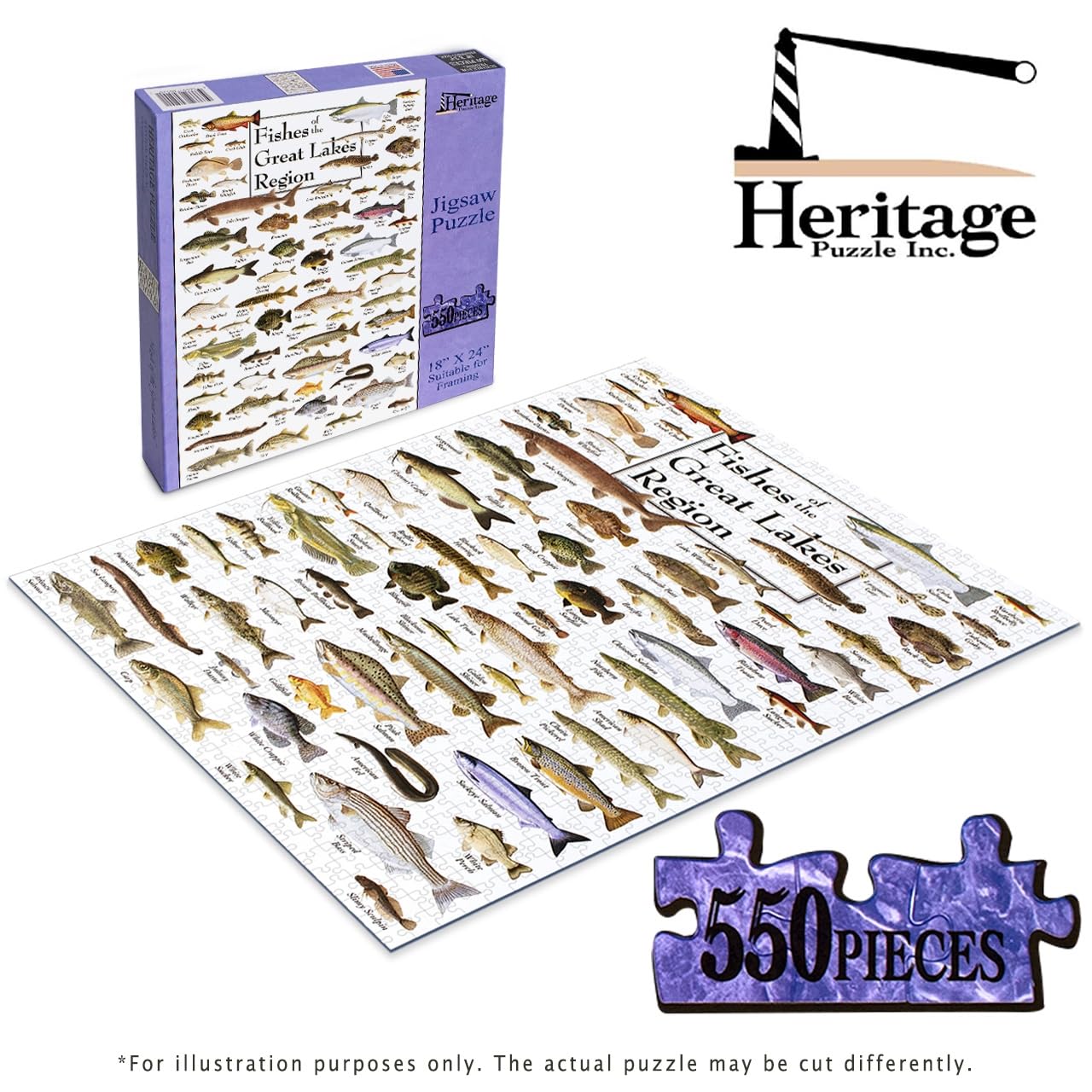 Heritage Puzzle Inc. Fishes of the Great Lakes – 550-Piece Jigsaw for Adults, Frameable 18x24