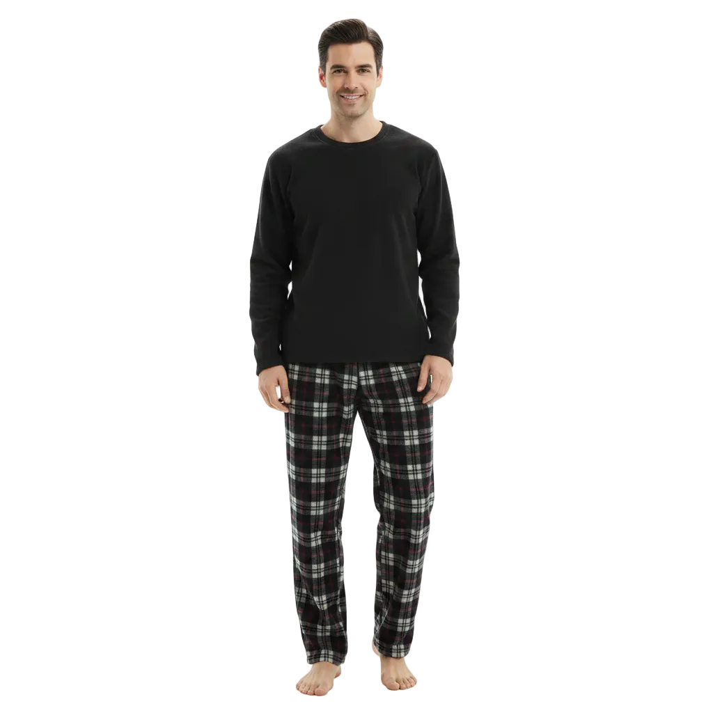 Cozy Up with Our Men's Thermal Fleece Pyjama Set - Stylish Black & Red Long Sleeve Design