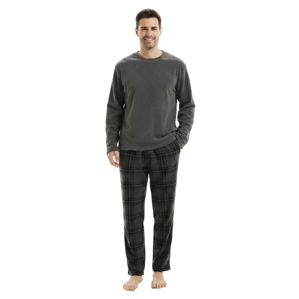 Men's Cozy Fleece Pajama Set - Embrace Ultimate Comfort in Stylish Grey Check Loungewear