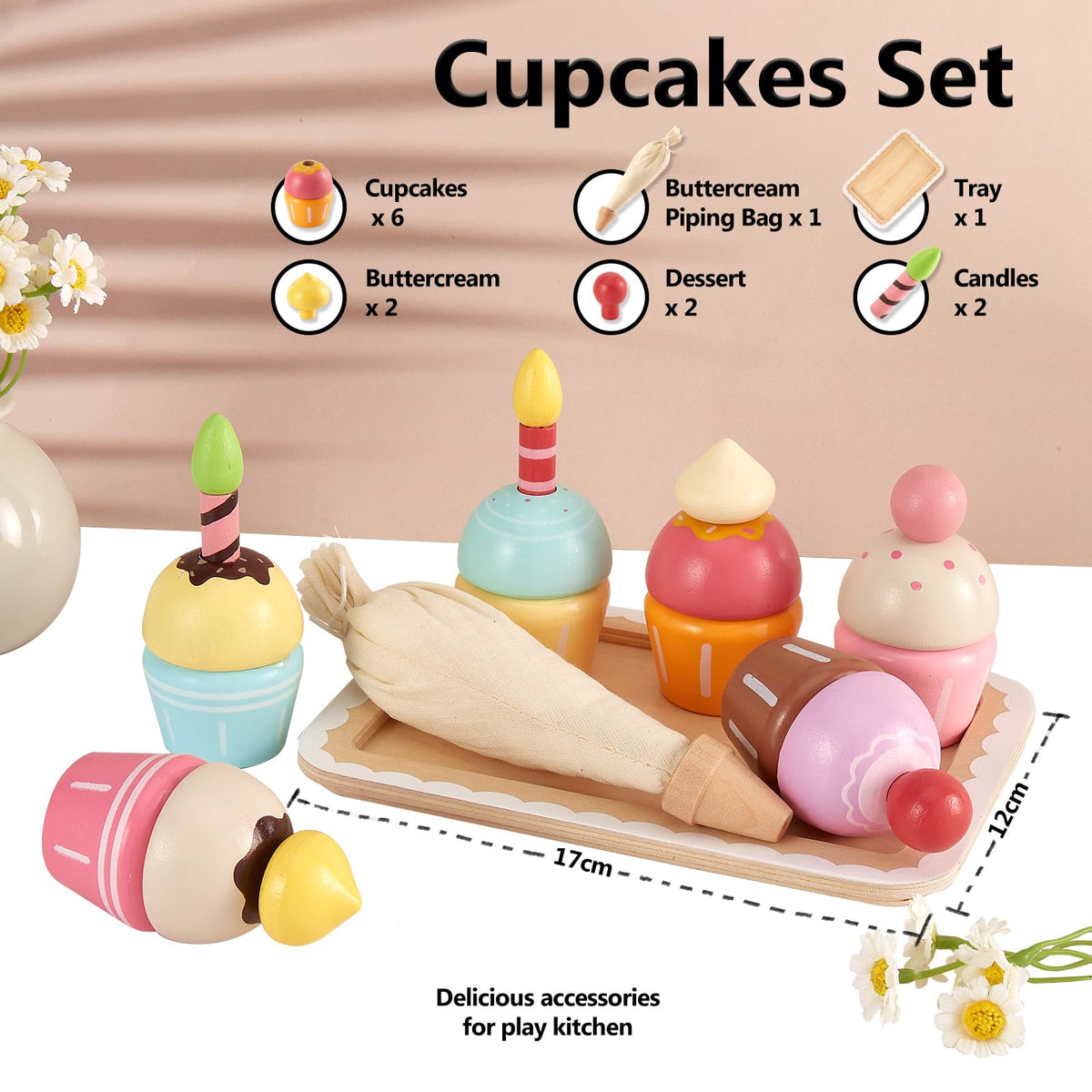 HERSITY Wooden Cupcakes Toys | Pretend Play Dessert Set for Toddlers 3-5