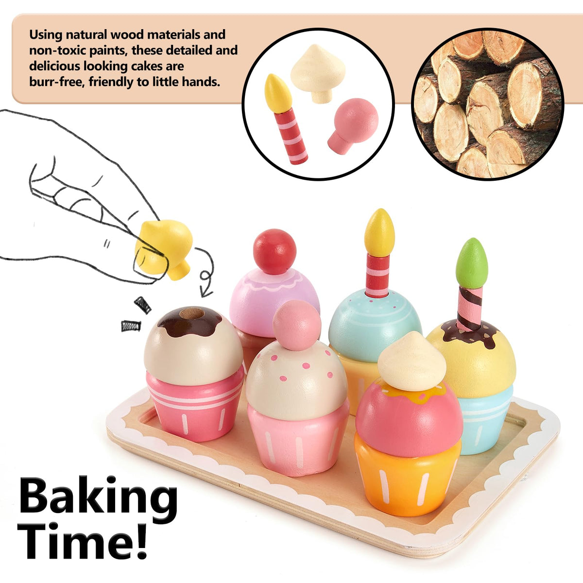 HERSITY Wooden Cupcakes Toys | Pretend Play Dessert Set for Toddlers 3-5