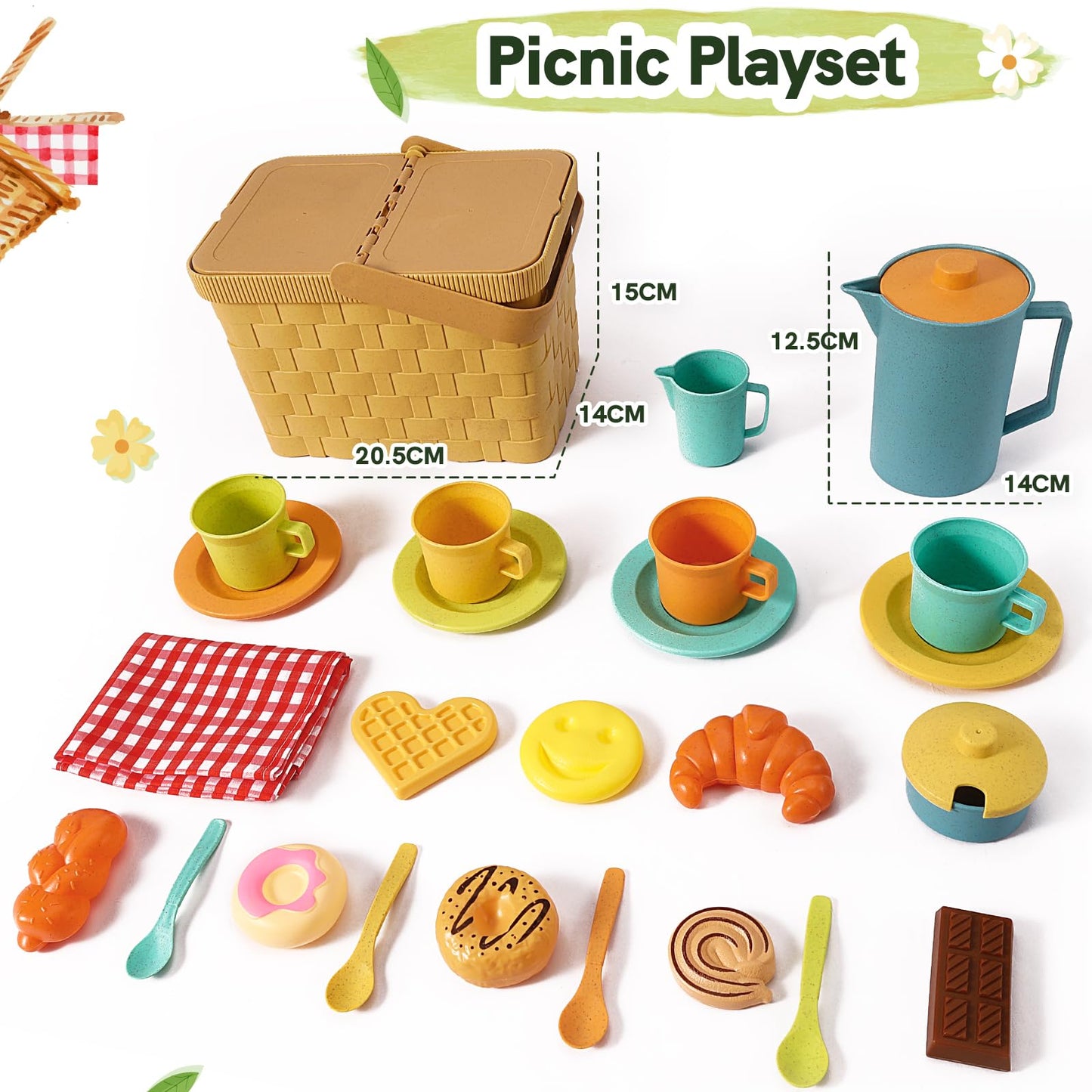 HERSITY Picnic Basket Tea Set for Toddlers – Pretend Play Kitchen Accessories (3-5 Years)