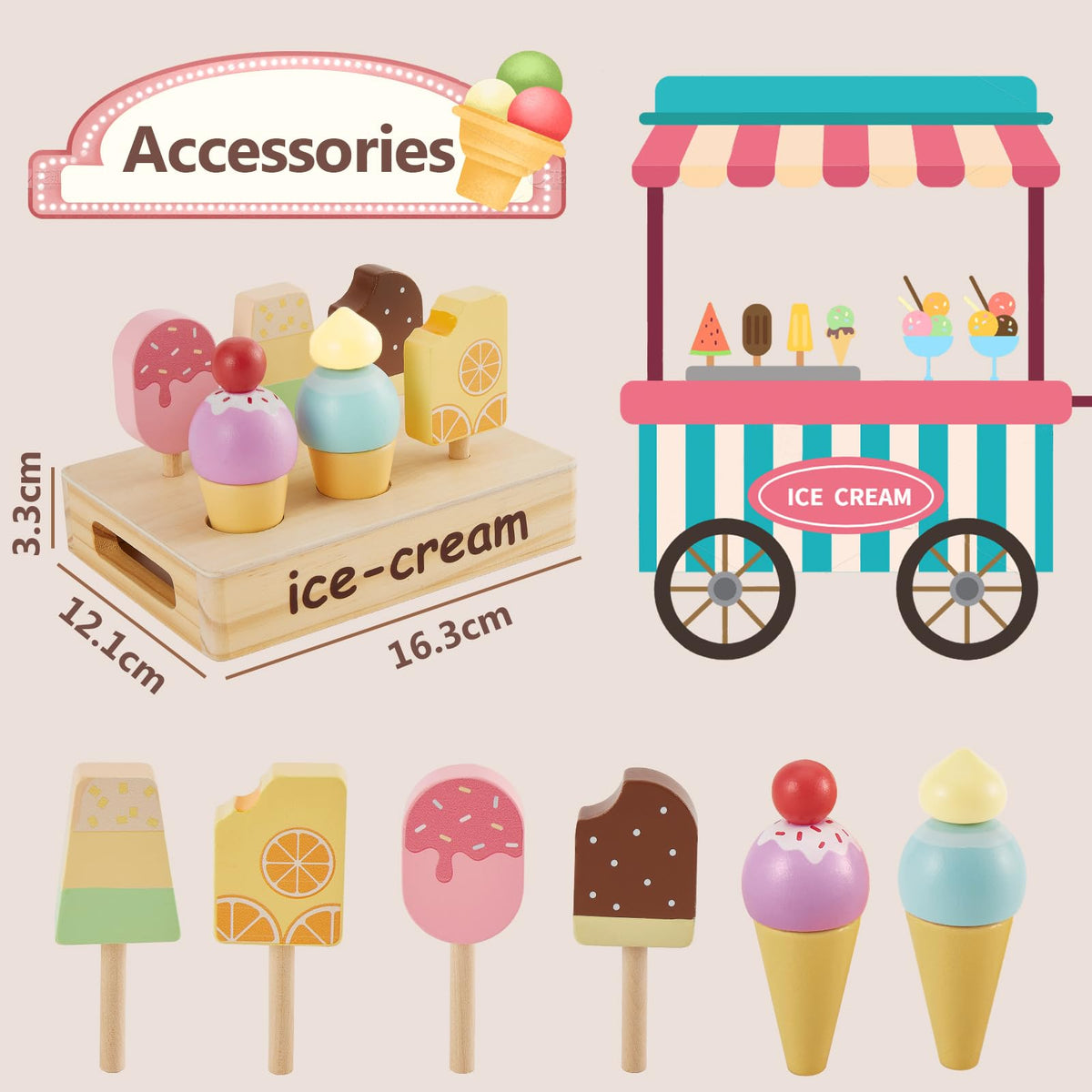 HERSITY Wooden Ice Cream Stand for Kids | Pretend Play Toy