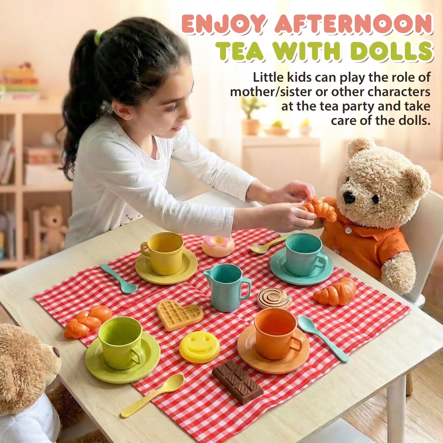 HERSITY Picnic Basket Tea Set for Toddlers – Pretend Play Kitchen Accessories (3-5 Years)