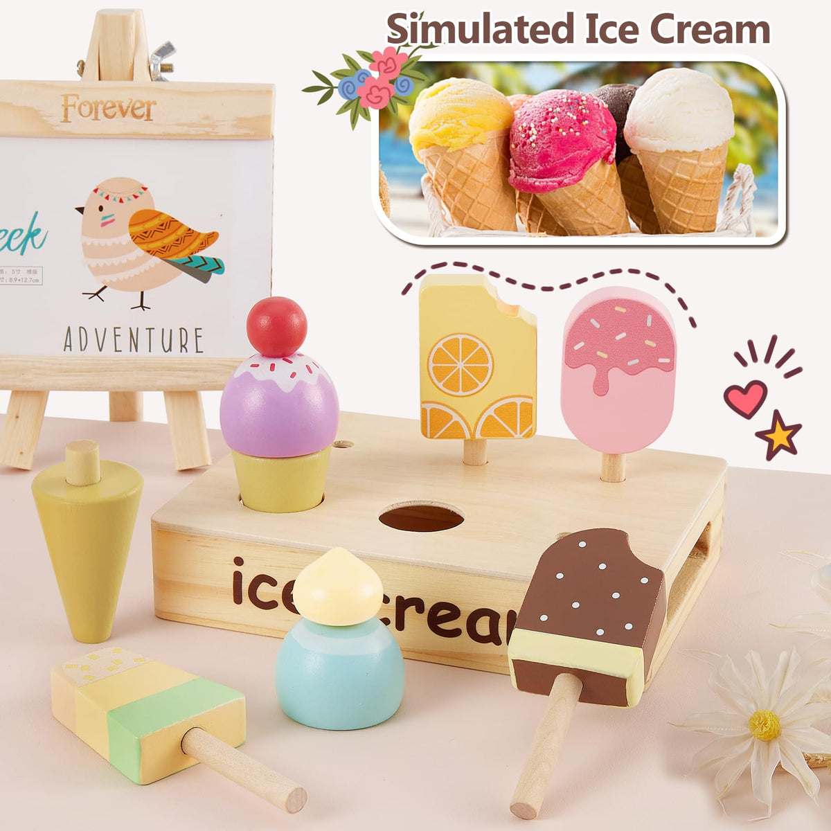 HERSITY Wooden Ice Cream Stand for Kids | Pretend Play Toy