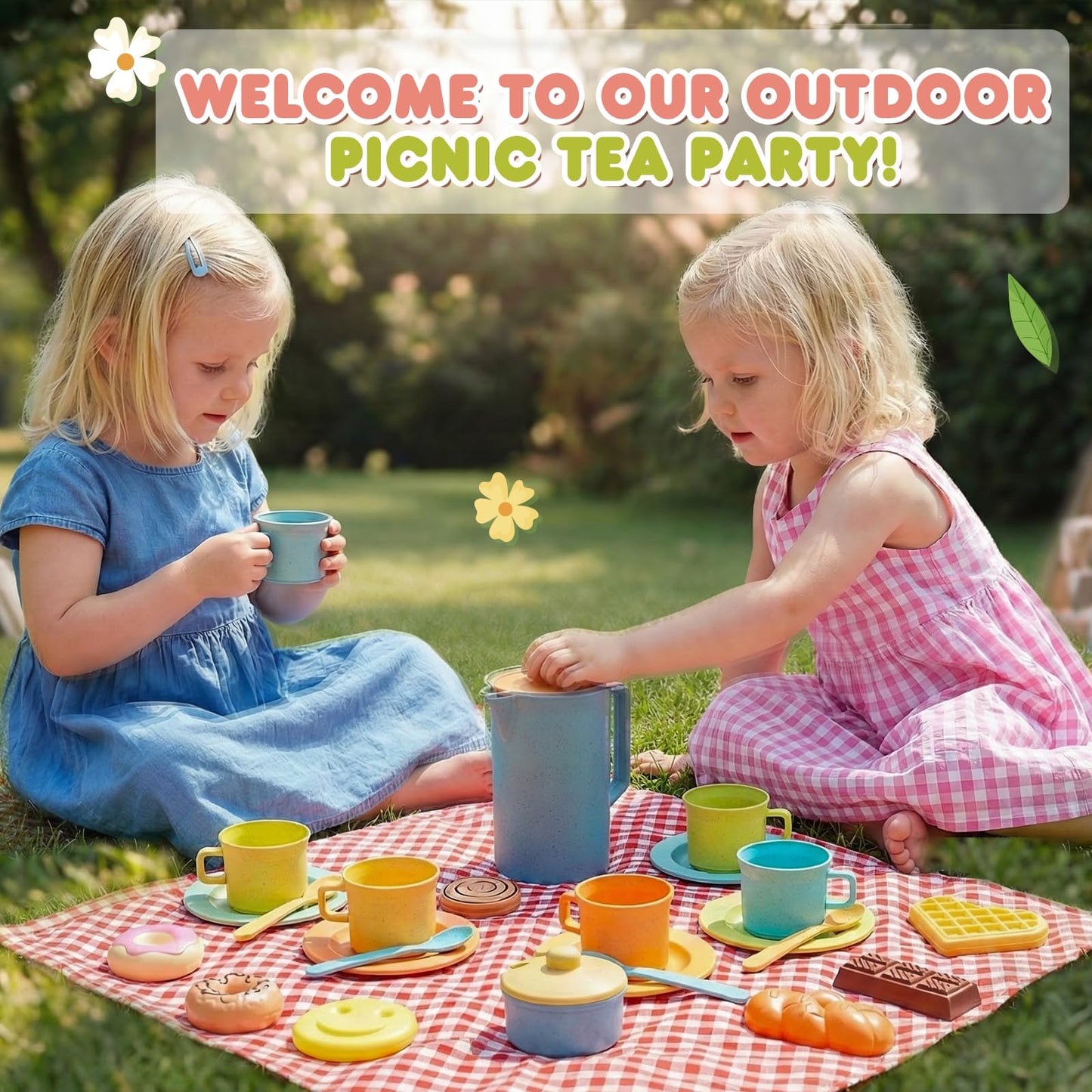 HERSITY Picnic Basket Tea Set for Toddlers – Pretend Play Kitchen Accessories (3-5 Years)