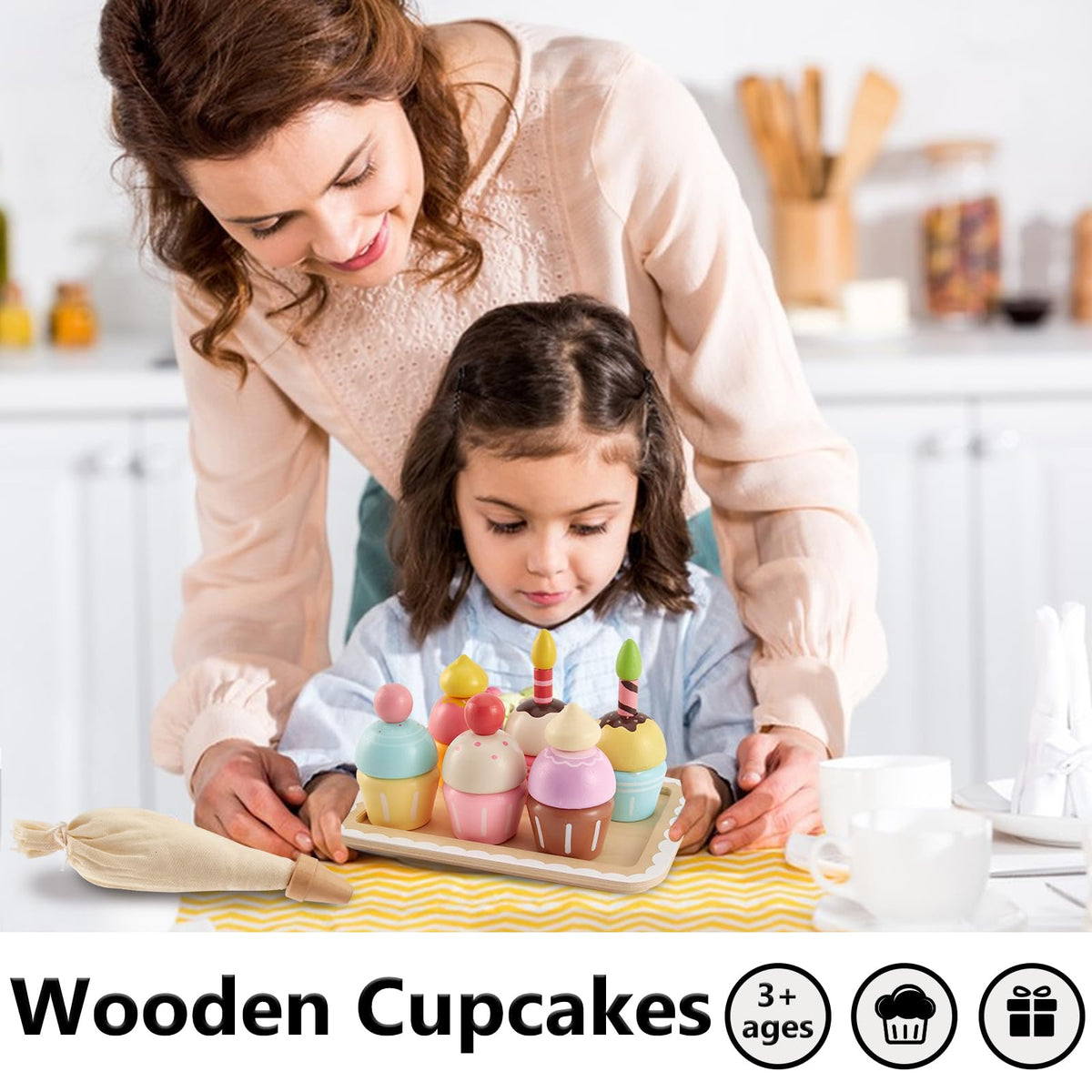 HERSITY Wooden Cupcakes Toys | Pretend Play Dessert Set for Toddlers 3-5