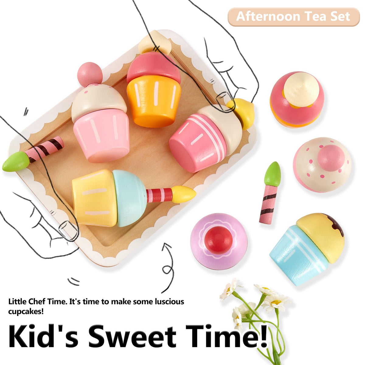 HERSITY Wooden Cupcakes Toys | Pretend Play Dessert Set for Toddlers 3-5