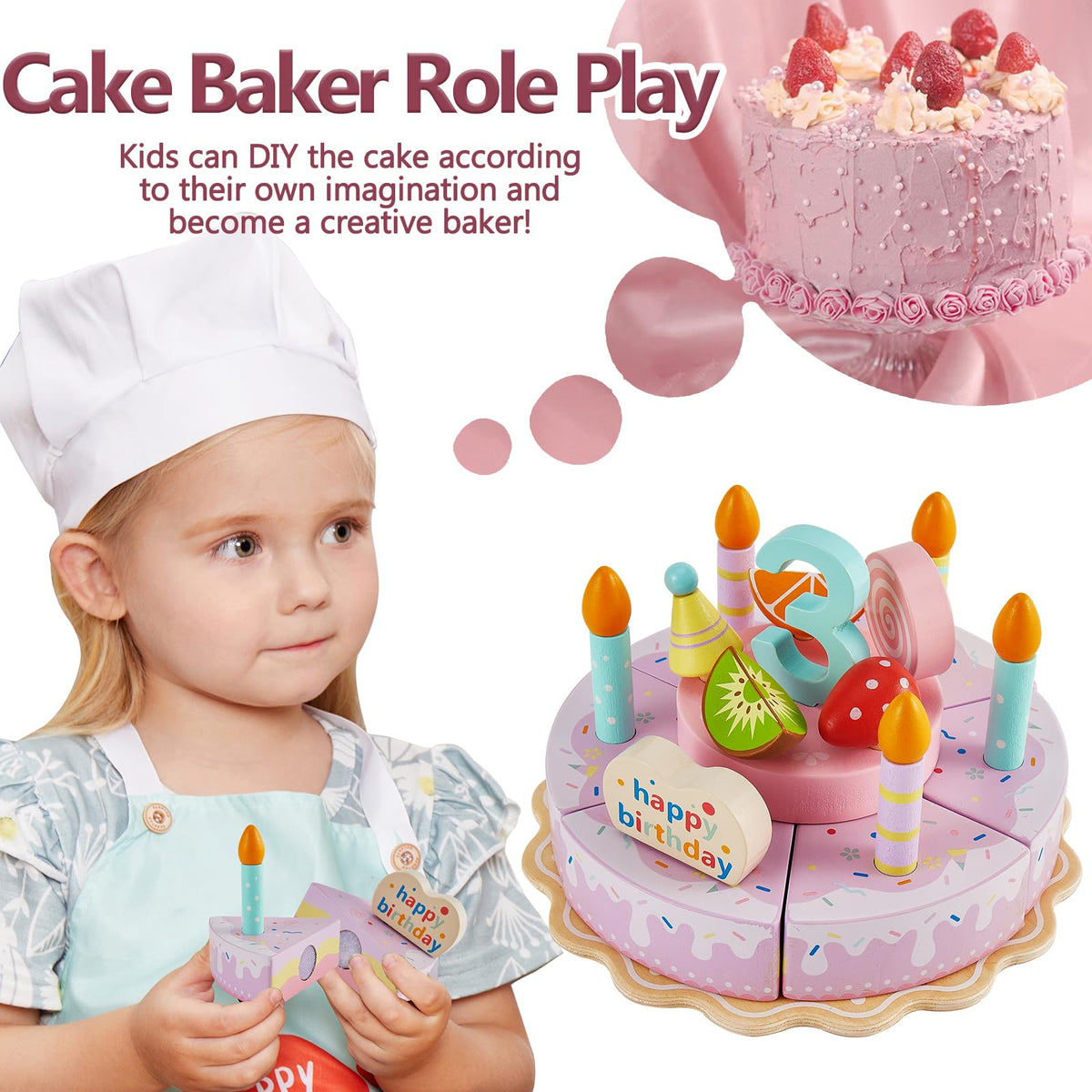 HERSITY Wooden Birthday Cake Toy Play Set – Pretend Baking & Party for Toddlers 3–5