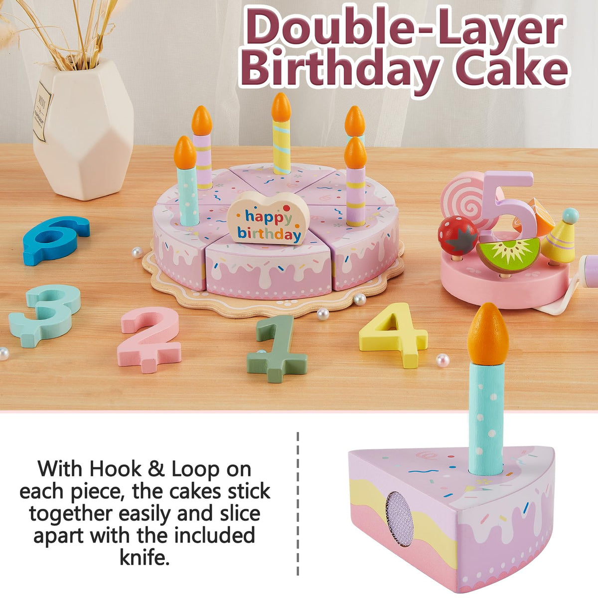HERSITY Wooden Birthday Cake Toy Play Set – Pretend Baking & Party for Toddlers 3–5