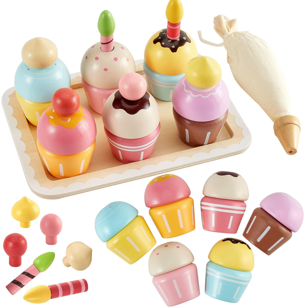 HERSITY Wooden Cupcakes Toys | Pretend Play Dessert Set for Toddlers 3-5