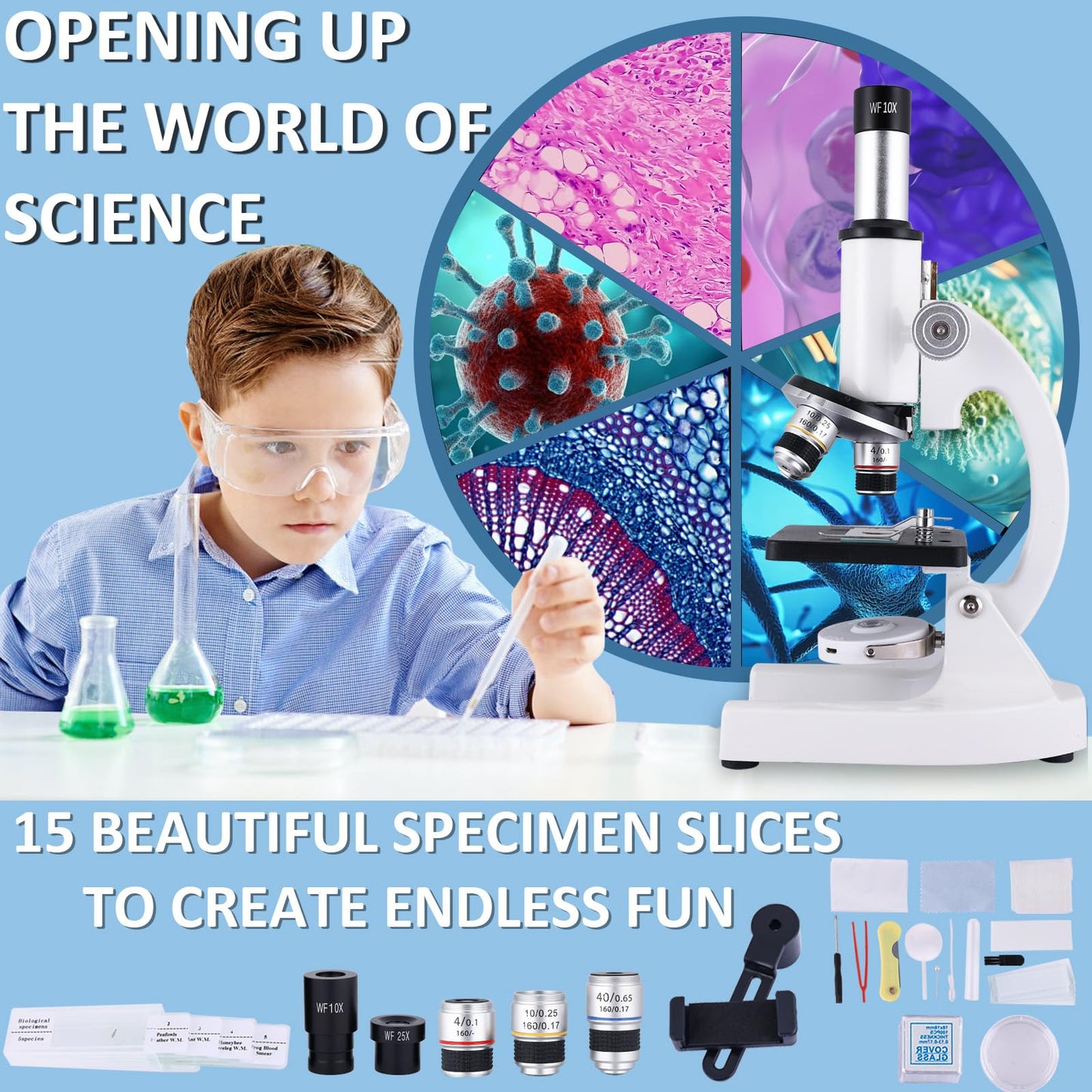 Herwicm Microscope: 40X-2000X for Kids & Adults with Phone Adapter