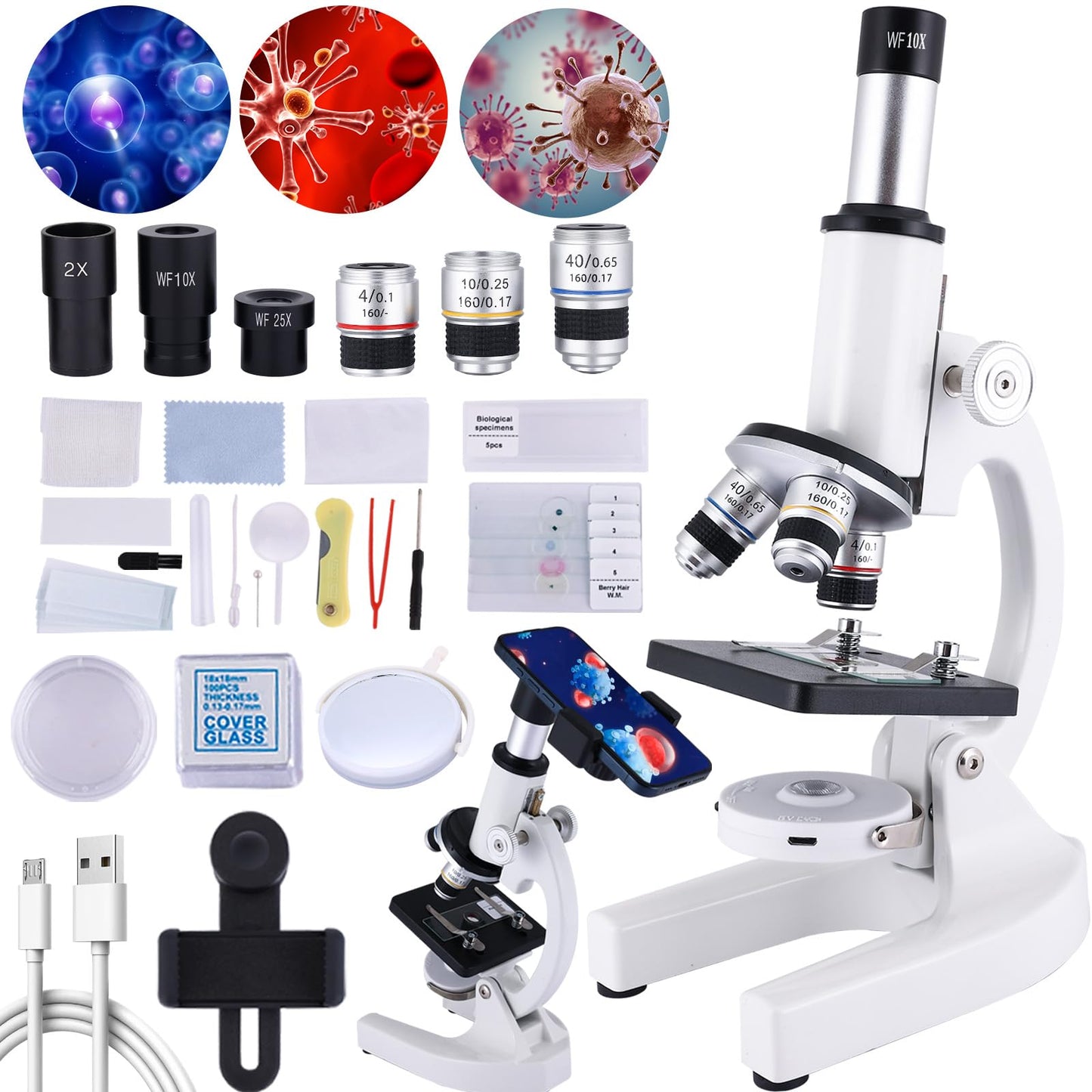 Herwicm Microscope: 40X-2000X for Kids & Adults with Phone Adapter