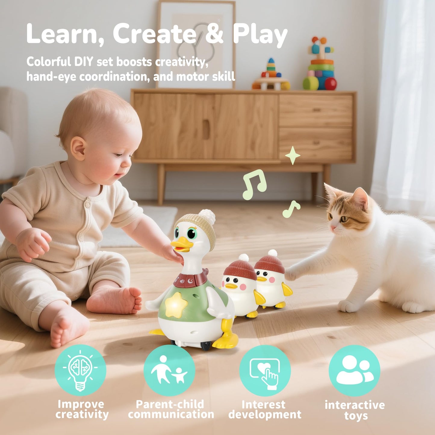 Hestiasko Tummy Time Duck Toy Set (6–12 Months) – Lights, Music & Crawling Play