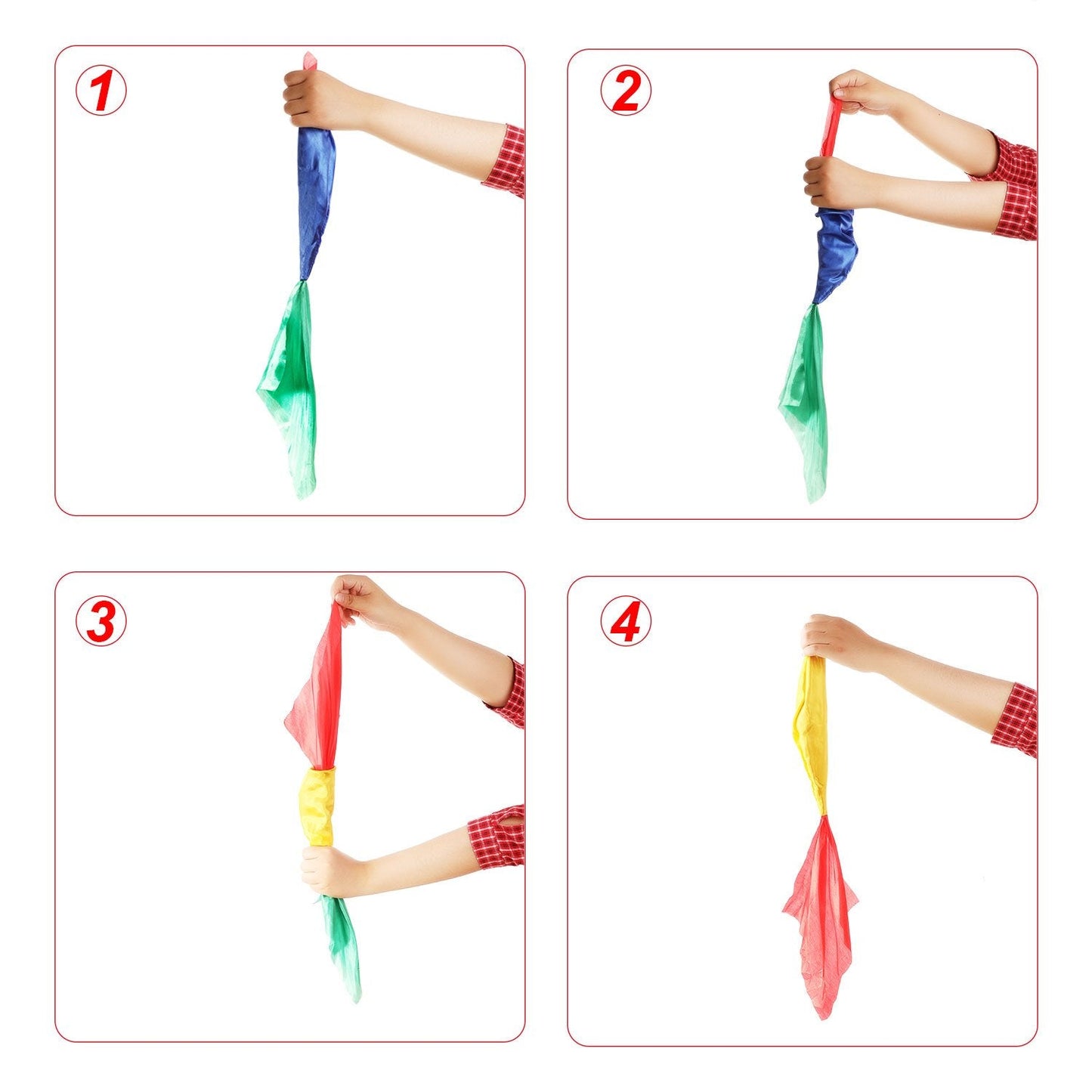 HESTYA 2-Pack Change Color Silk Scarves for Magic Tricks – Four-Color Silk Props (2 Pieces)